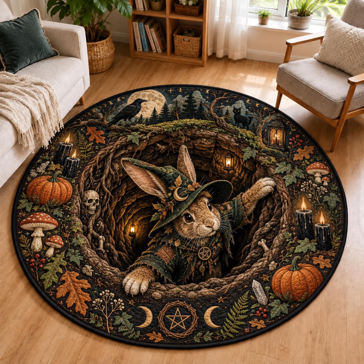 Quilted Round Rug with 3D Illusion Witch Bunny and Celestial Rabbit – Gothic Witchy Bunnies Halloween Home Decor Floor Mat - photo 5