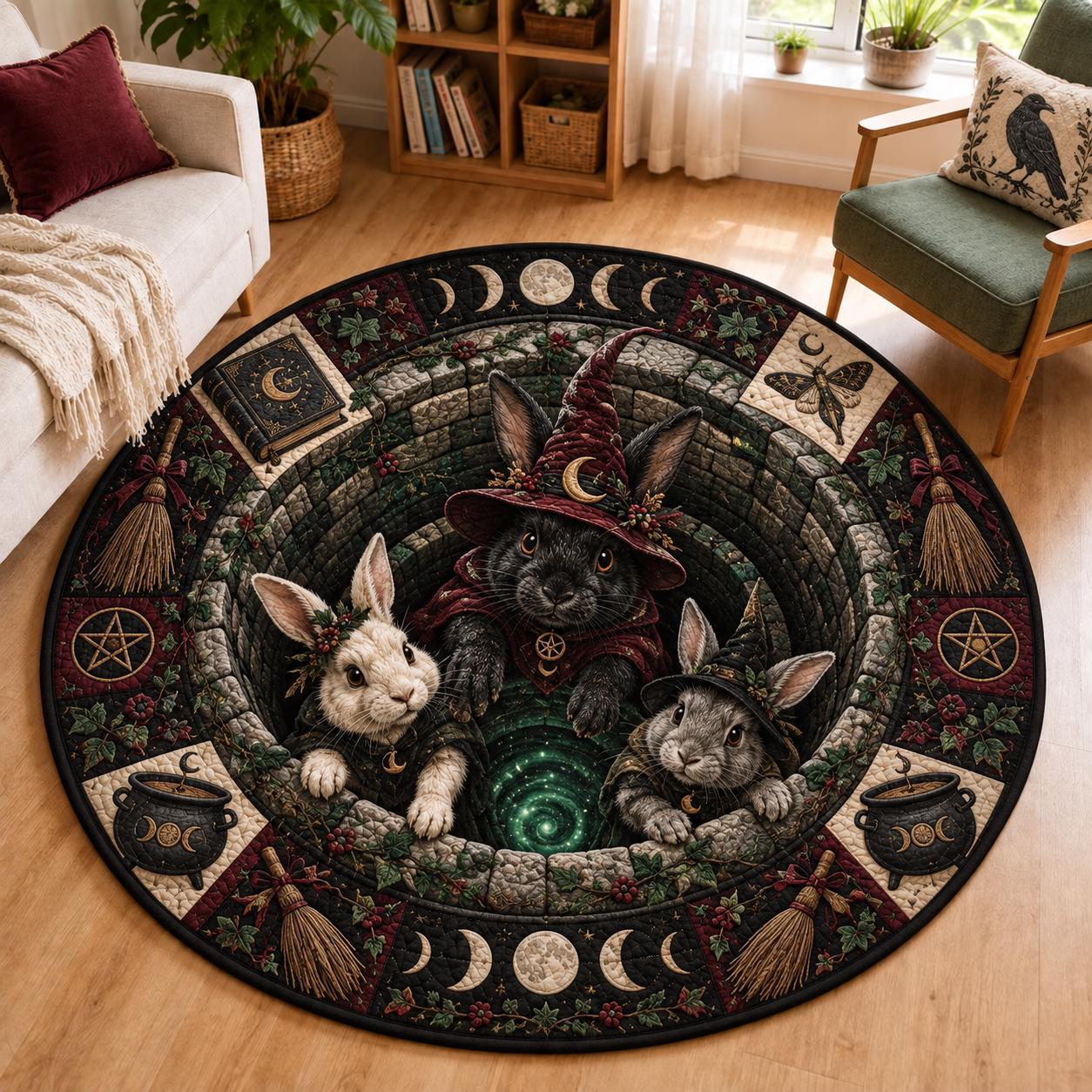 Quilted Round Rug with 3D Illusion Witch Bunny and Celestial Rabbit – Gothic Witchy Bunnies Halloween Home Decor Floor Mat - photo 6