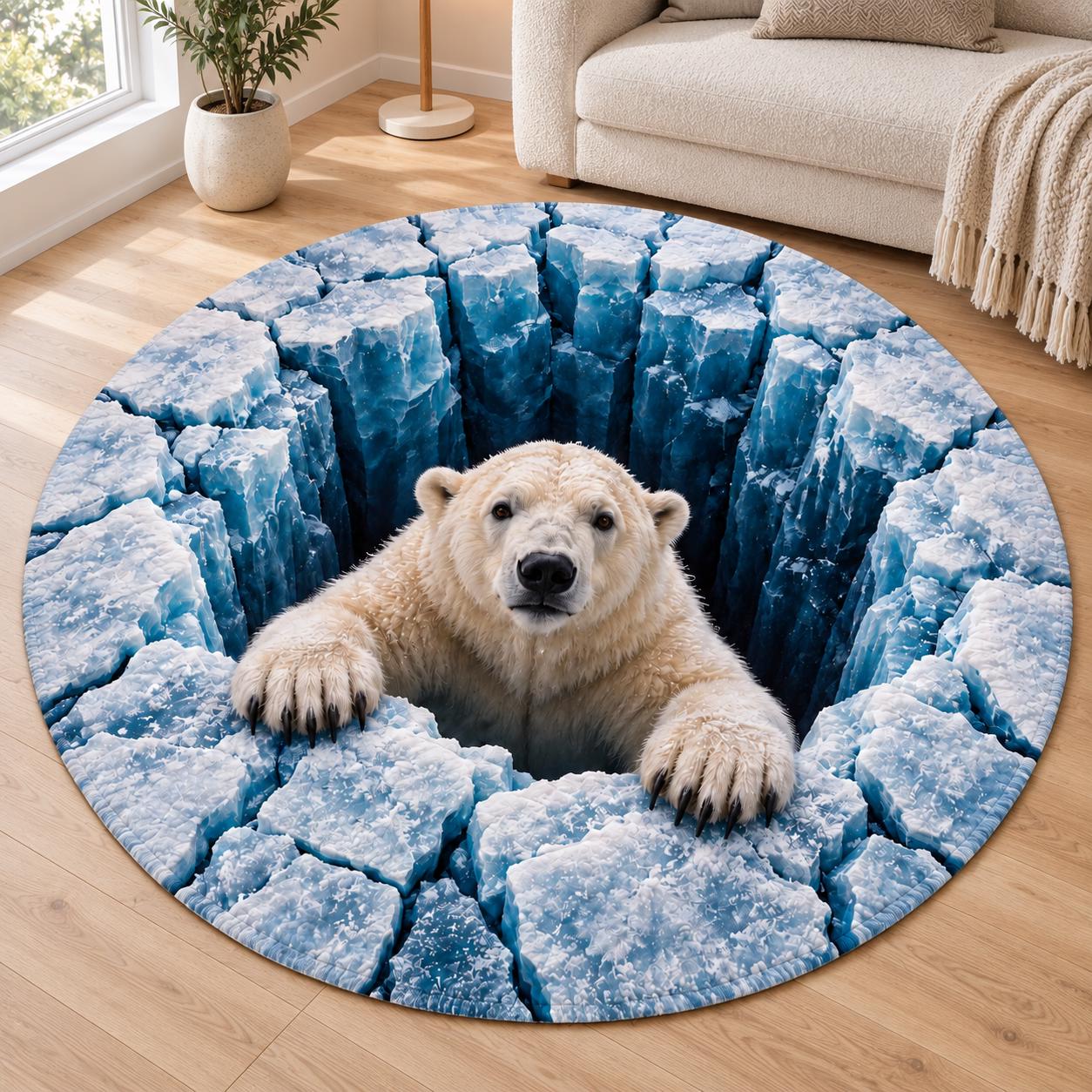 Quilted Round Rug with 3D Illusion Ice Arctic Abyss – Winter Wildlife Home Decor Floor Mat and Polar Bear Lover Gift