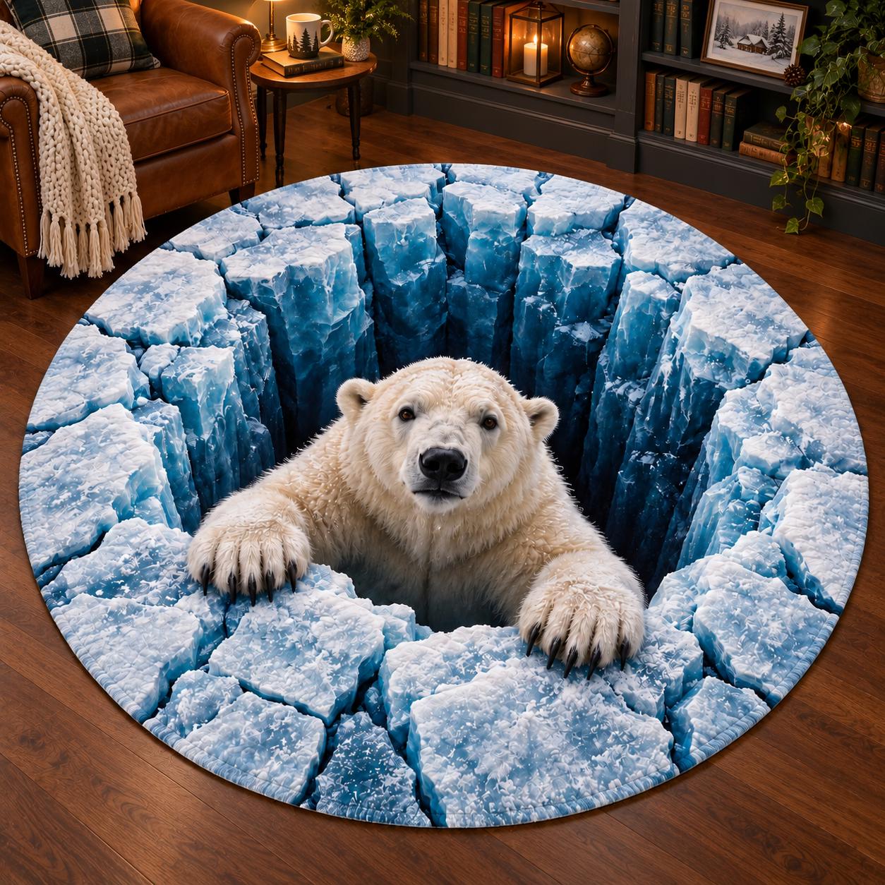 Quilted Round Rug with 3D Illusion Ice Arctic Abyss – Winter Wildlife Home Decor Floor Mat and Polar Bear Lover Gift - photo 2
