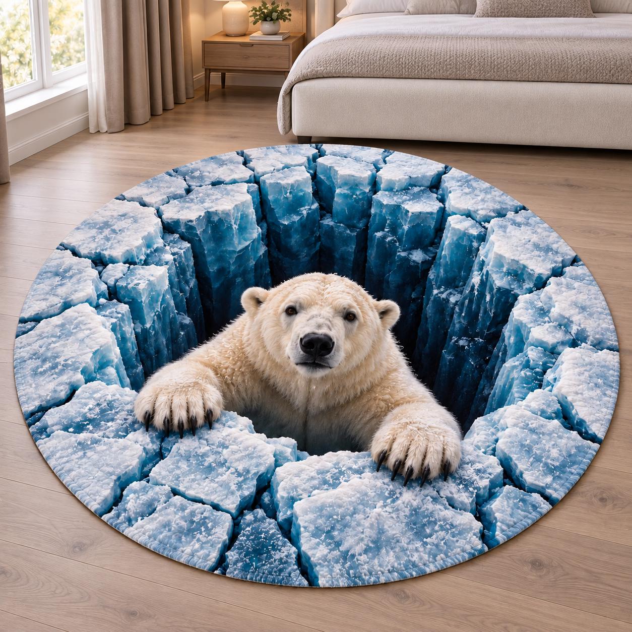Quilted Round Rug with 3D Illusion Ice Arctic Abyss – Winter Wildlife Home Decor Floor Mat and Polar Bear Lover Gift - photo 4