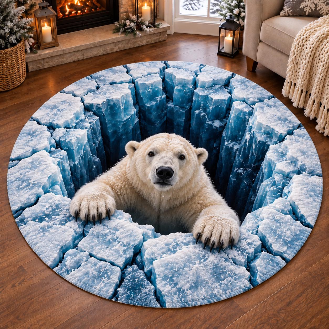 Quilted Round Rug with 3D Illusion Ice Arctic Abyss – Winter Wildlife Home Decor Floor Mat and Polar Bear Lover Gift - photo 6