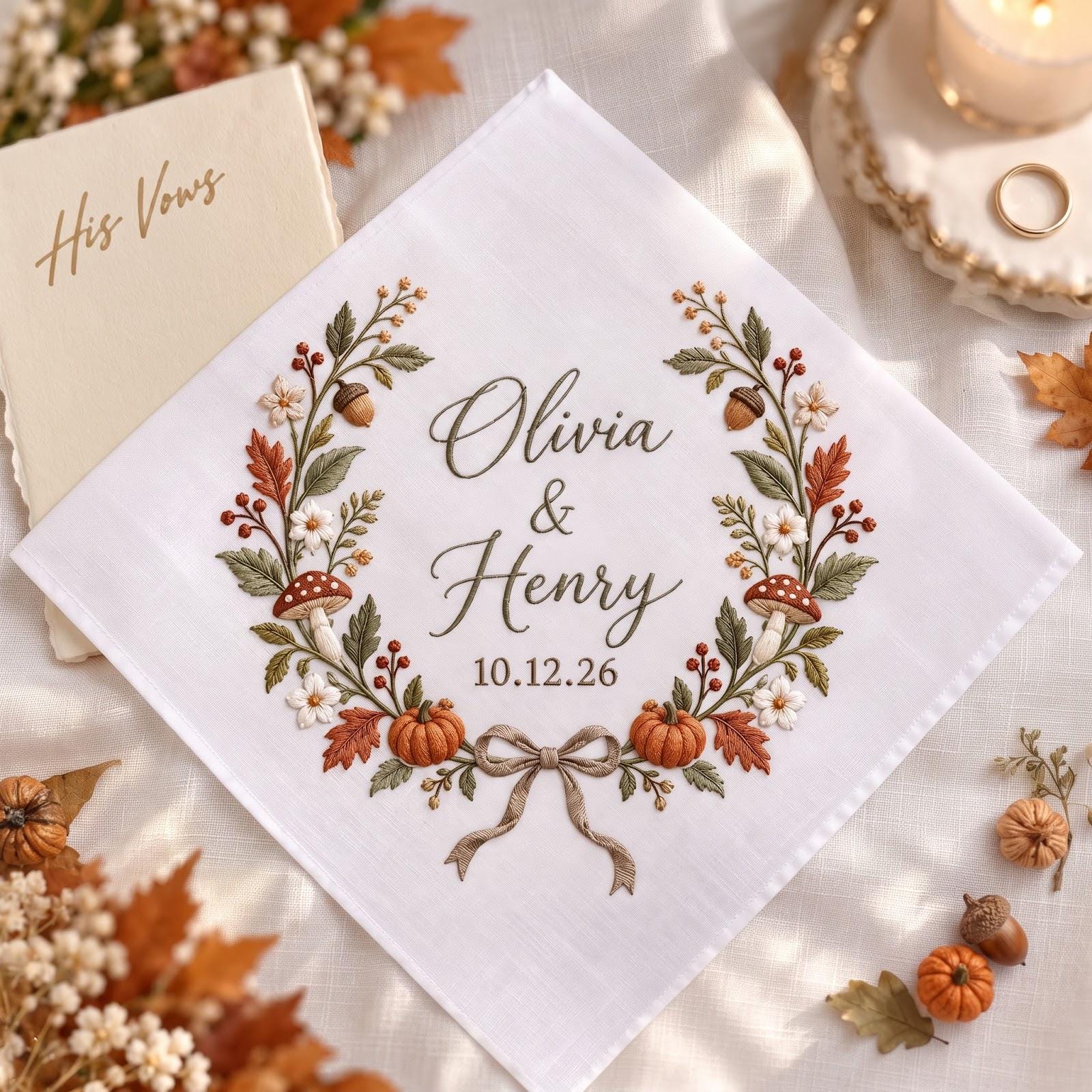 Personalized Embroidered Wedding Handkerchief – Autumn Mushroom Floral Hanky with Custom Couple Names Date and Fall Keepsake Gift