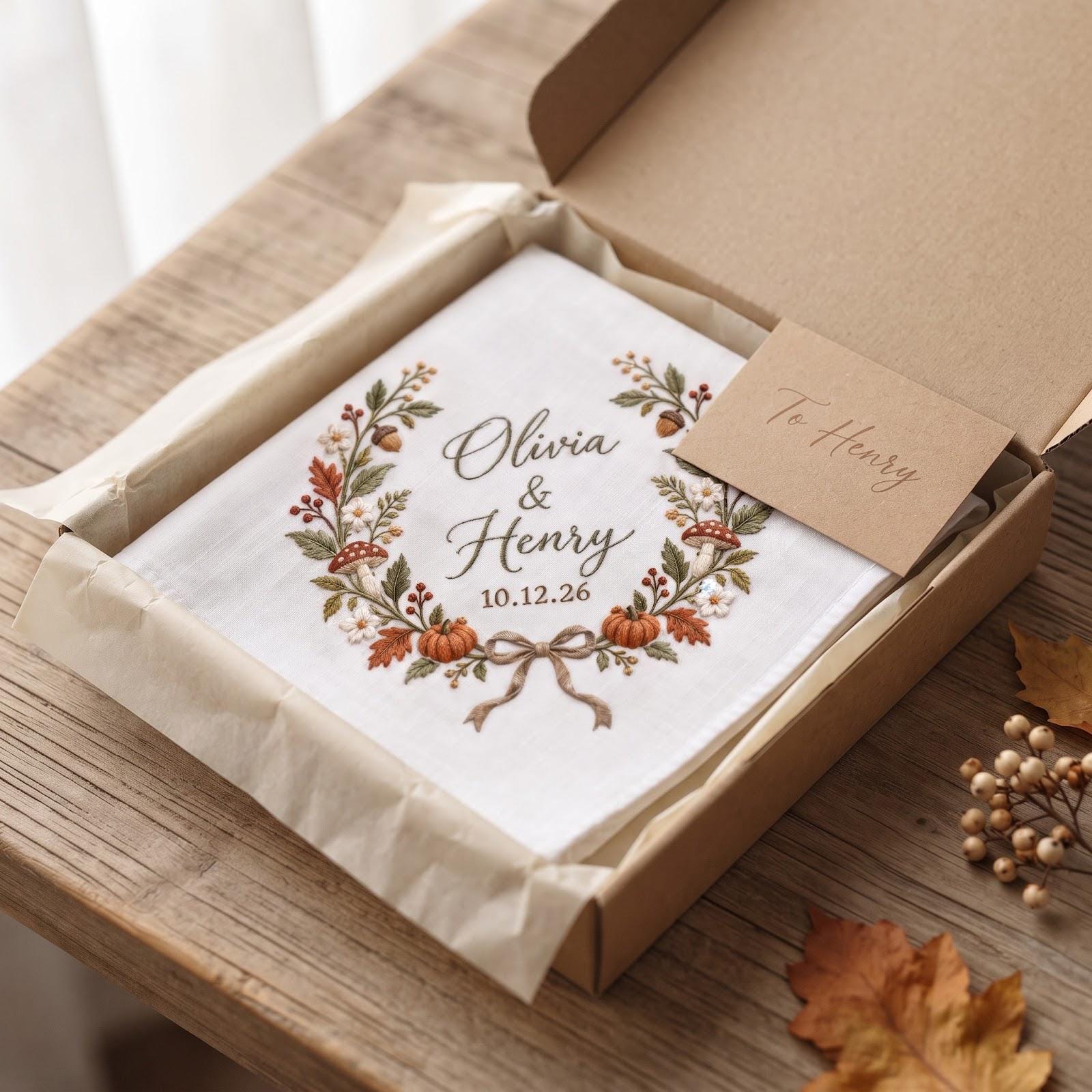 Personalized Embroidered Wedding Handkerchief – Autumn Mushroom Floral Hanky with Custom Couple Names Date and Fall Keepsake Gift - photo 2