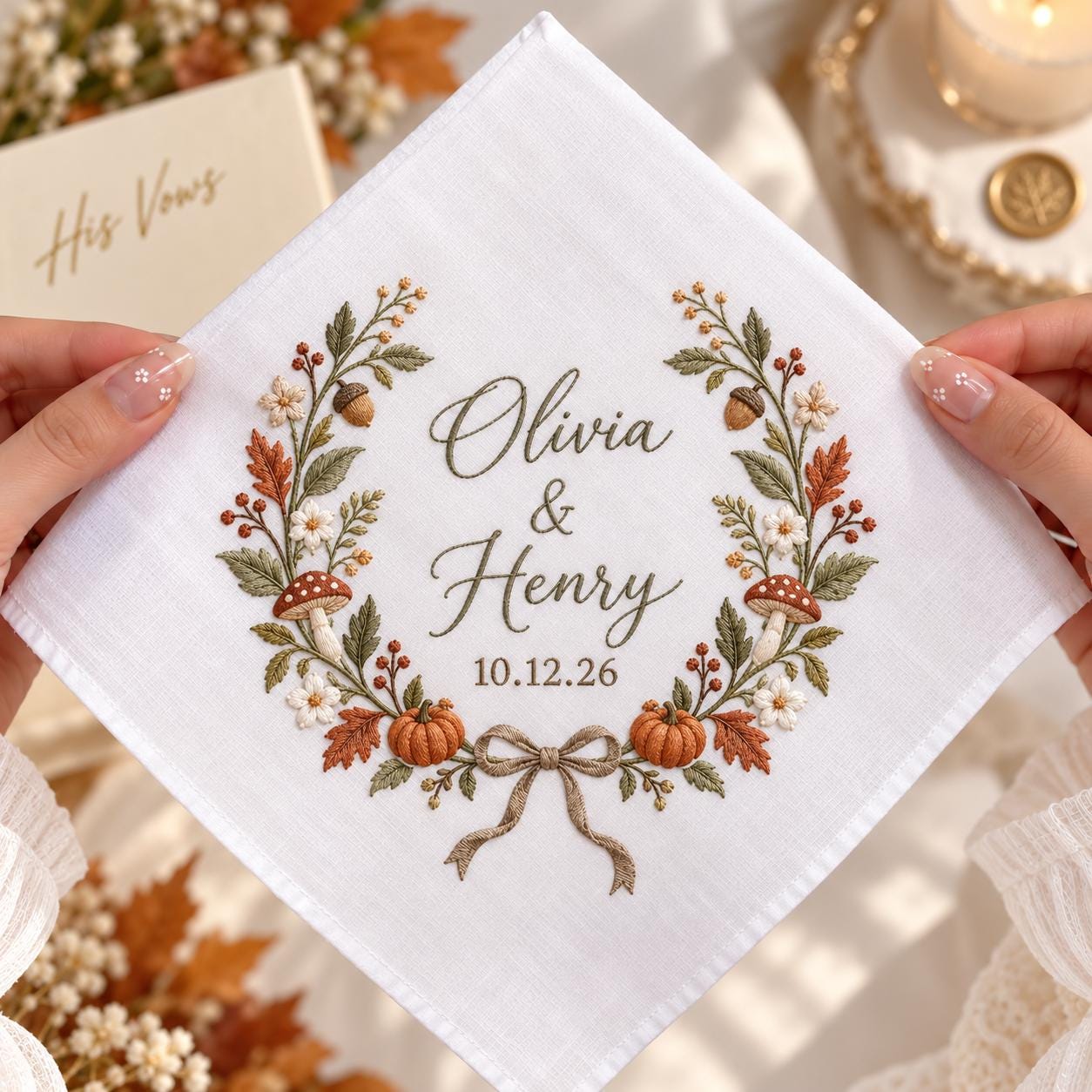 Personalized Embroidered Wedding Handkerchief – Autumn Mushroom Floral Hanky with Custom Couple Names Date and Fall Keepsake Gift - photo 3