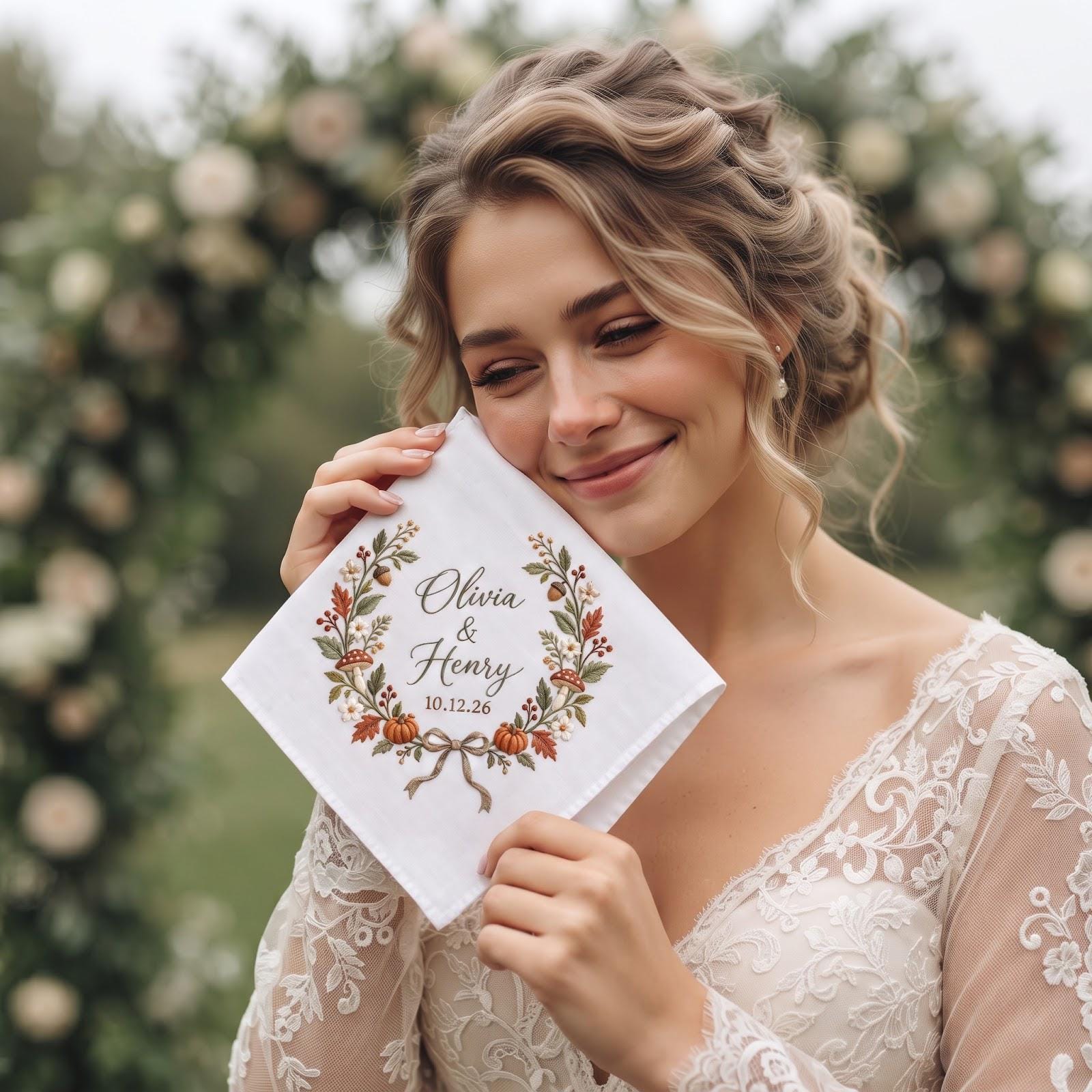 Personalized Embroidered Wedding Handkerchief – Autumn Mushroom Floral Hanky with Custom Couple Names Date and Fall Keepsake Gift - photo 7