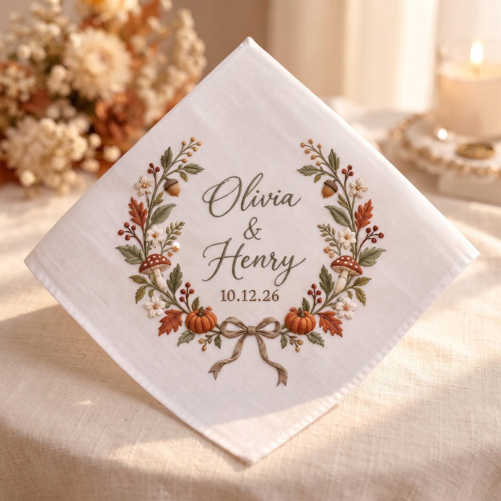 Personalized Embroidered Wedding Handkerchief – Autumn Mushroom Floral Hanky with Custom Couple Names Date and Fall Keepsake Gift - photo 8