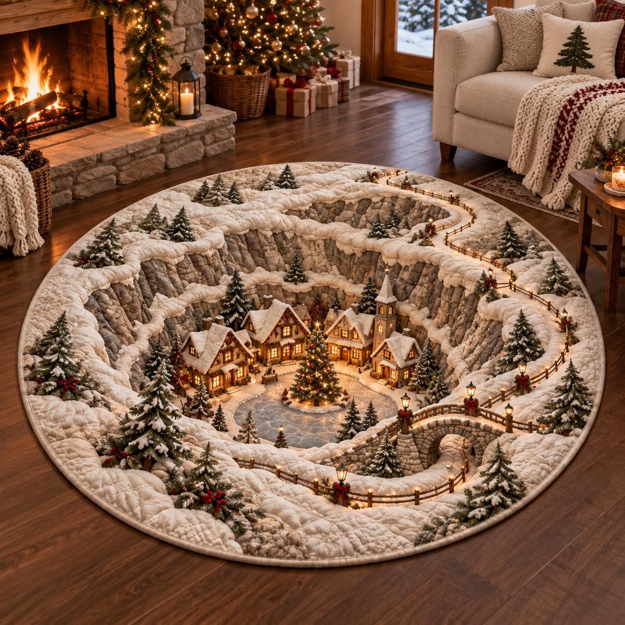 Quilted Round Rug with 3D Illusion Snowy Canyon – Winter Wonderland Village Christmas Home Decor Floor Mat