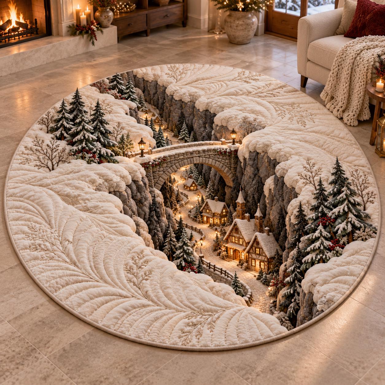 Quilted Round Rug with 3D Illusion Snowy Canyon – Winter Wonderland Village Christmas Home Decor Floor Mat - photo 2