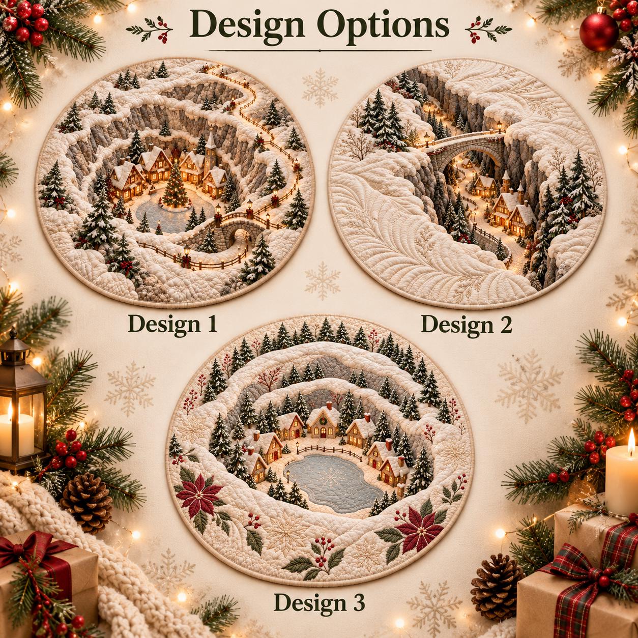Quilted Round Rug with 3D Illusion Snowy Canyon – Winter Wonderland Village Christmas Home Decor Floor Mat - photo 3