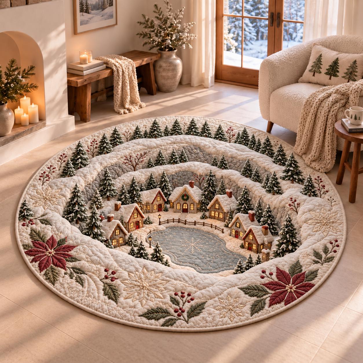 Quilted Round Rug with 3D Illusion Snowy Canyon – Winter Wonderland Village Christmas Home Decor Floor Mat - photo 5