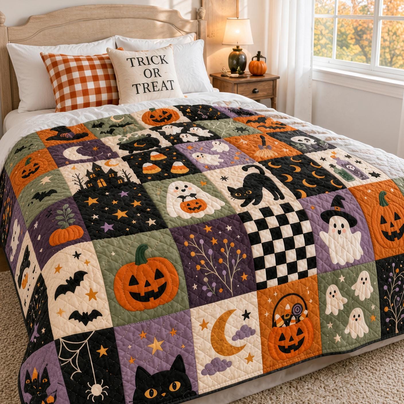 Halloween Season Blanket and Print Quilt Style Spooky Bedding – Cute Ghost Pumpkin Black Cat Throw for Trick Treat Fall Home Decor
