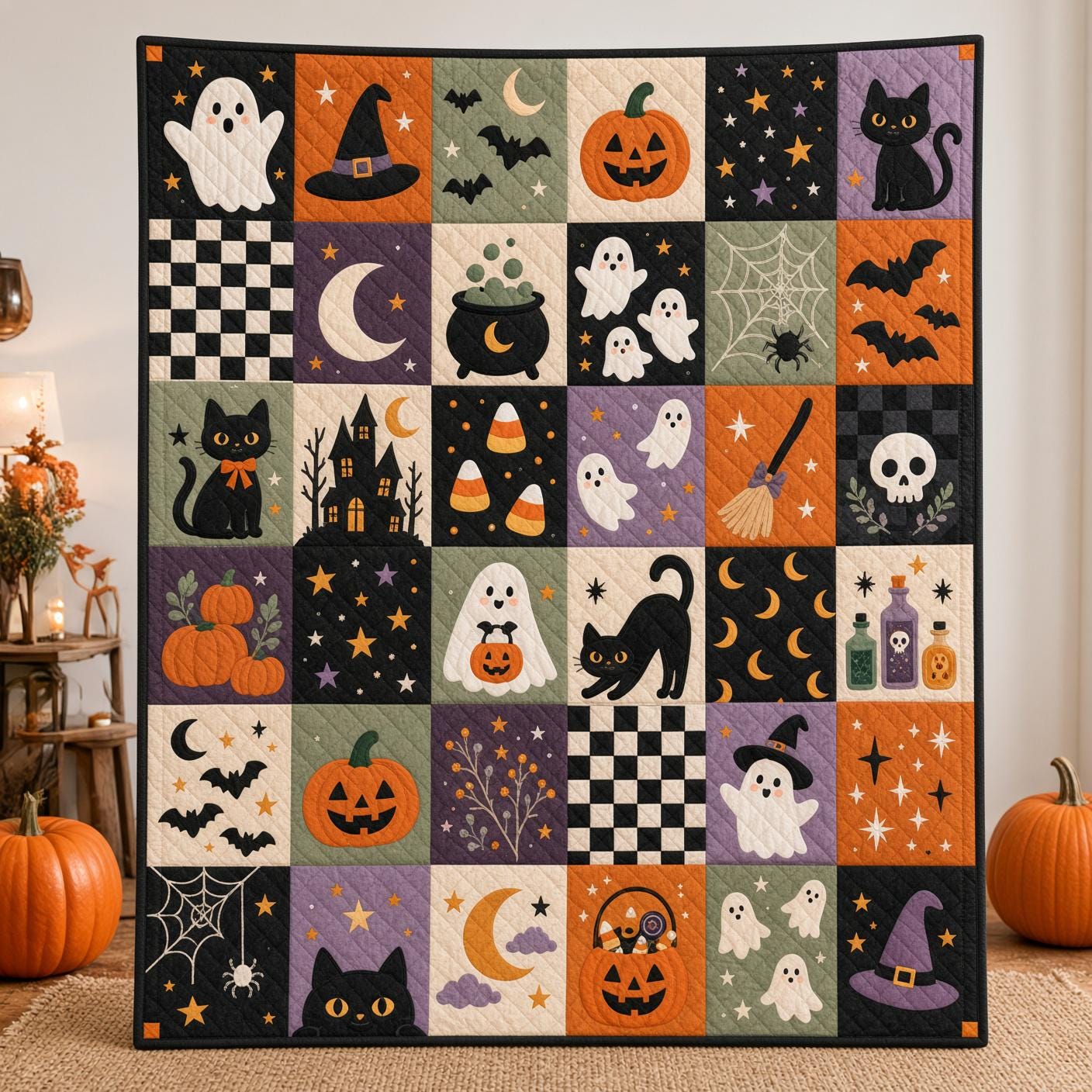 Halloween Season Blanket and Print Quilt Style Spooky Bedding – Cute Ghost Pumpkin Black Cat Throw for Trick Treat Fall Home Decor - photo 2