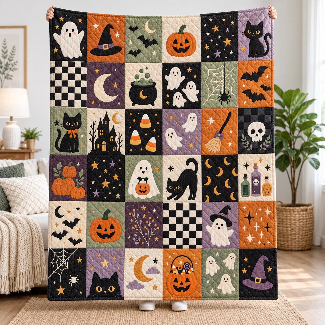 Halloween Season Blanket and Print Quilt Style Spooky Bedding – Cute Ghost Pumpkin Black Cat Throw for Trick Treat Fall Home Decor - photo 3