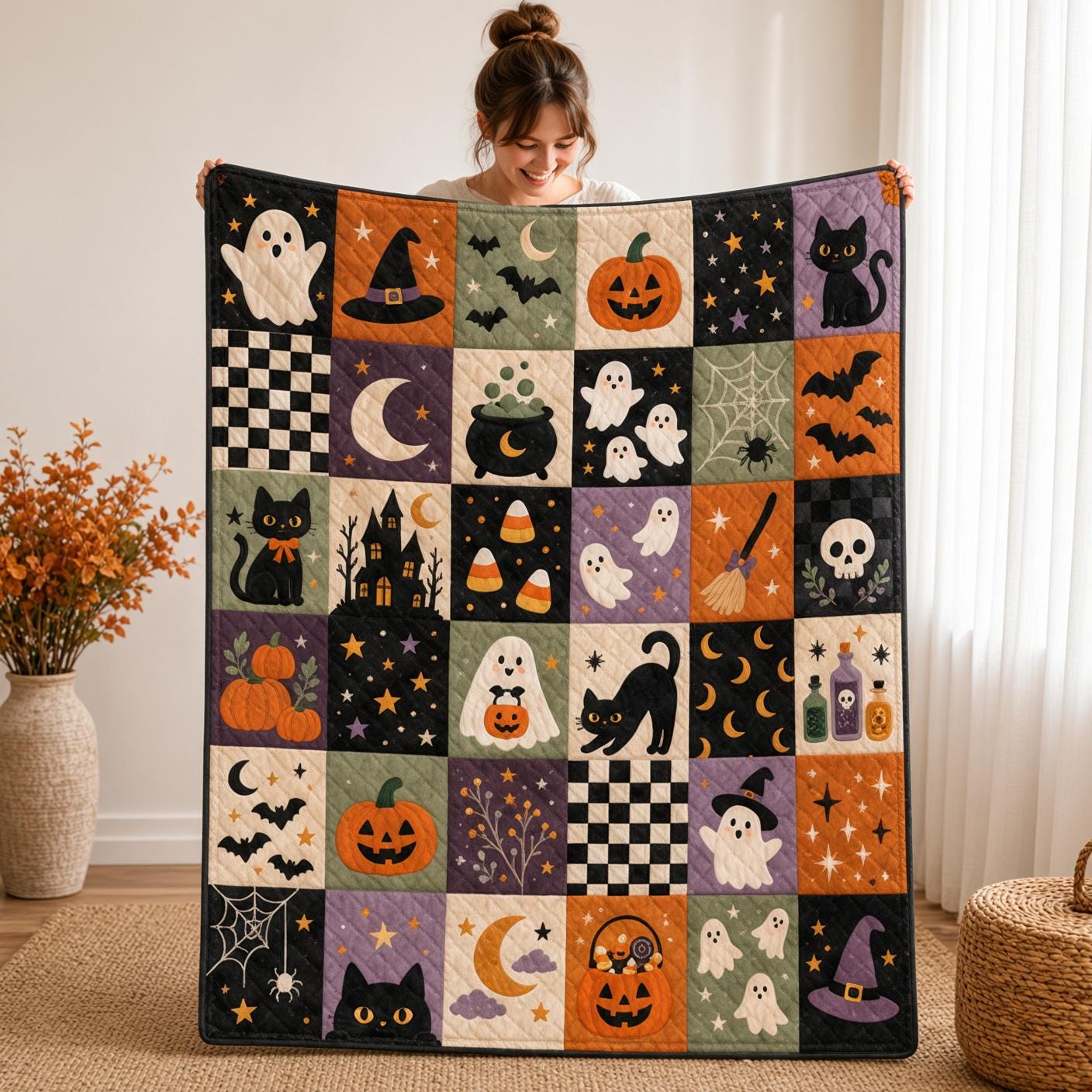 Halloween Season Blanket and Print Quilt Style Spooky Bedding – Cute Ghost Pumpkin Black Cat Throw for Trick Treat Fall Home Decor - photo 6