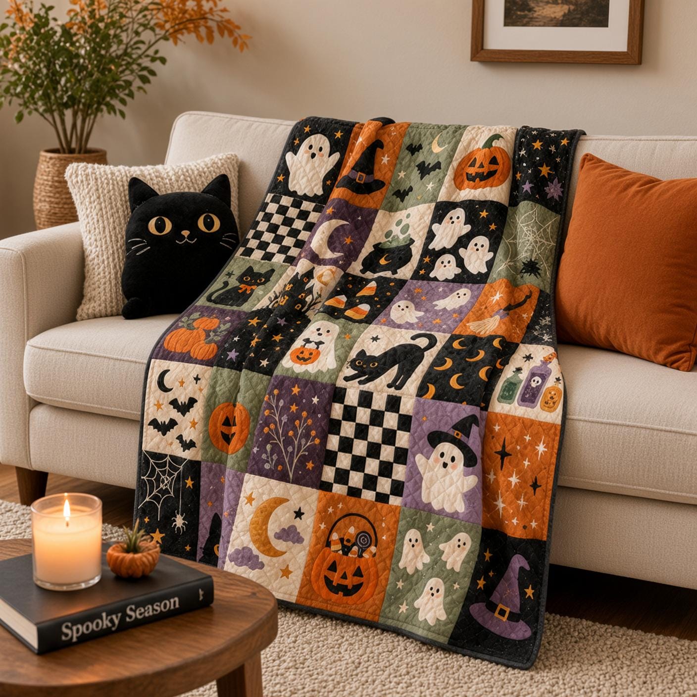 Halloween Season Blanket and Print Quilt Style Spooky Bedding – Cute Ghost Pumpkin Black Cat Throw for Trick Treat Fall Home Decor - photo 7