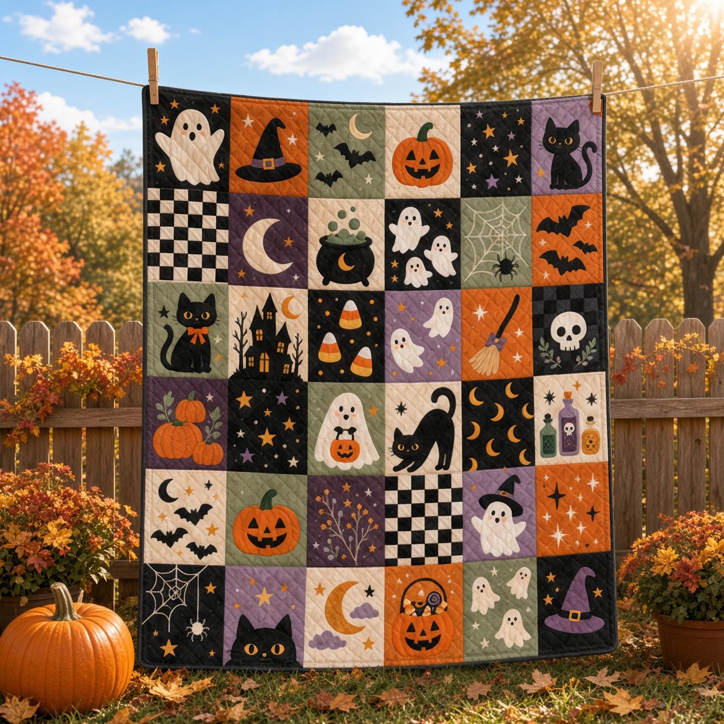 Halloween Season Blanket and Print Quilt Style Spooky Bedding – Cute Ghost Pumpkin Black Cat Throw for Trick Treat Fall Home Decor - photo 8