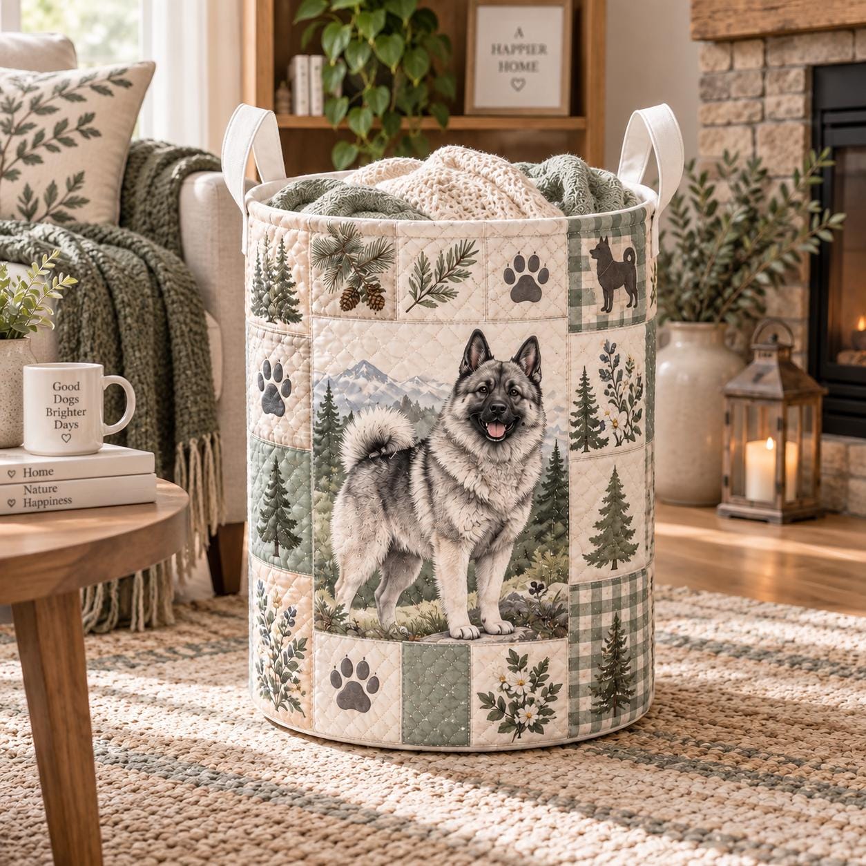 Elkhound Laundry Basket and Quilt Style Forest Puppy Hamper – Rustic Pet Nursery Storage Bin and Woodland Organizer Dog Lover Gift
