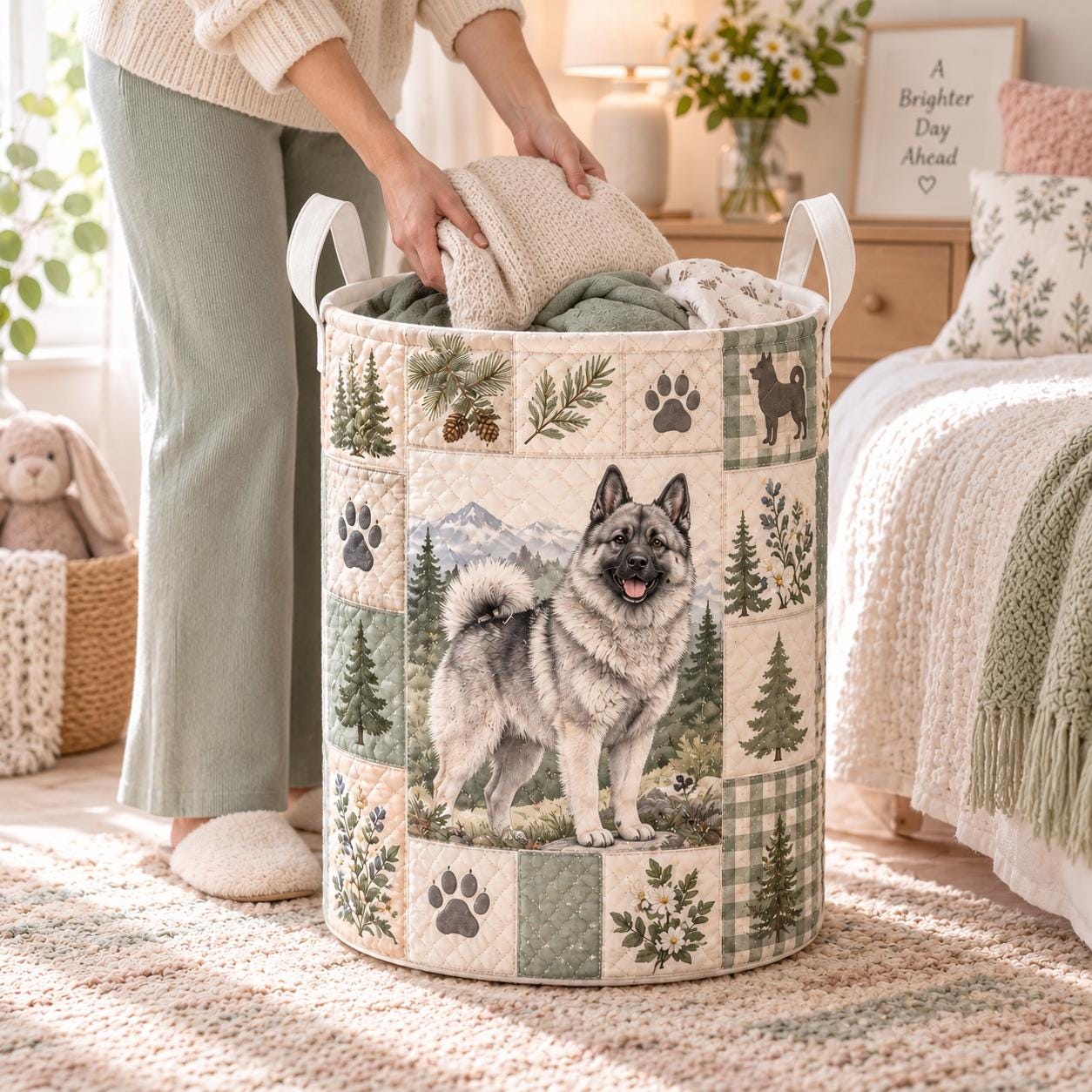 Elkhound Laundry Basket and Quilt Style Forest Puppy Hamper – Rustic Pet Nursery Storage Bin and Woodland Organizer Dog Lover Gift - photo 2
