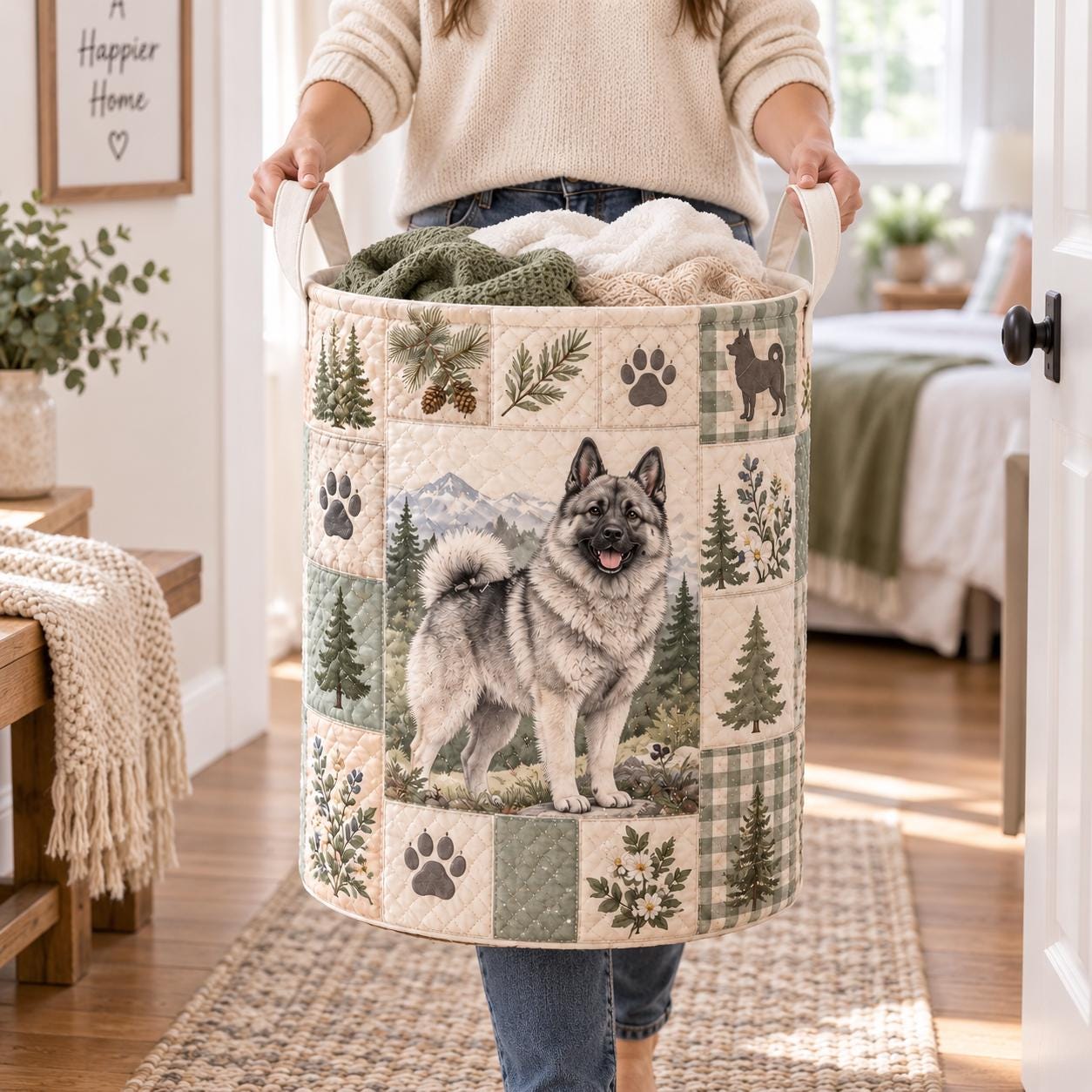 Elkhound Laundry Basket and Quilt Style Forest Puppy Hamper – Rustic Pet Nursery Storage Bin and Woodland Organizer Dog Lover Gift - photo 4