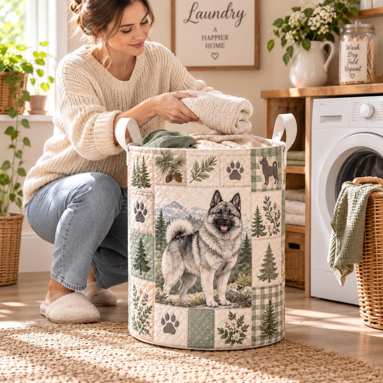 Elkhound Laundry Basket and Quilt Style Forest Puppy Hamper – Rustic Pet Nursery Storage Bin and Woodland Organizer Dog Lover Gift - photo 5