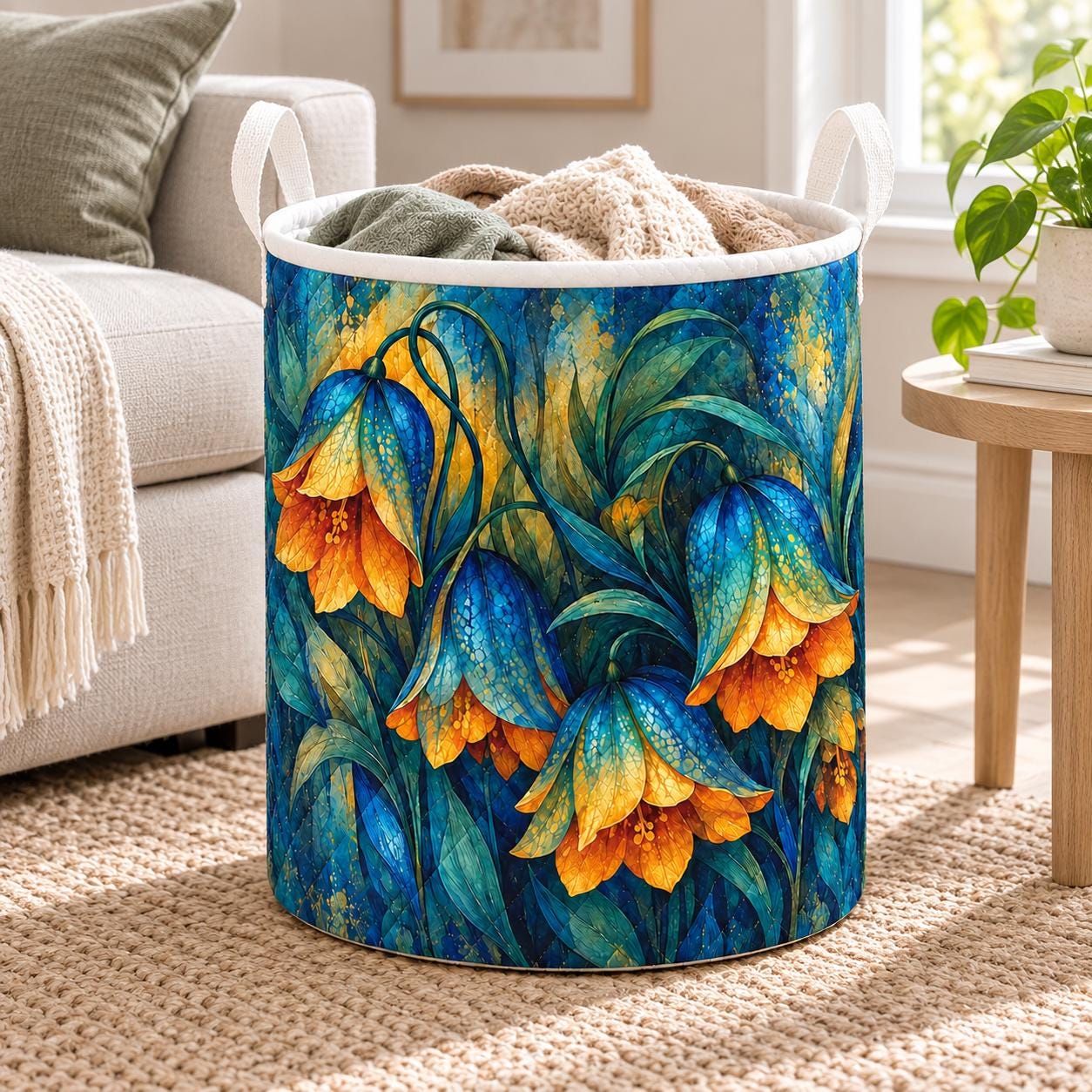 Floral Laundry Basket and Quilt Style Blue Bell Flower Hamper – Botanical Nursery Storage Bin and Cottagecore Organizer Housewarming Gift