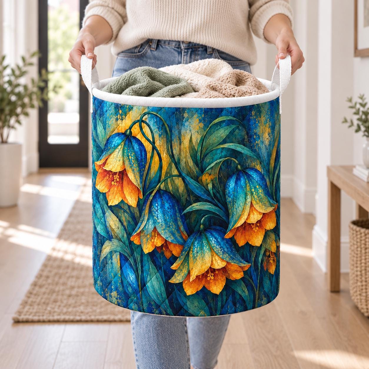 Floral Laundry Basket and Quilt Style Blue Bell Flower Hamper – Botanical Nursery Storage Bin and Cottagecore Organizer Housewarming Gift - photo 2