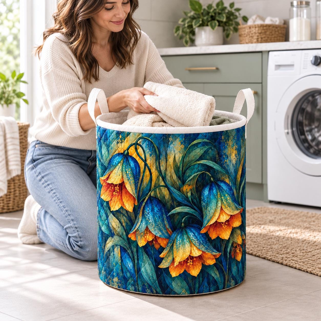 Floral Laundry Basket and Quilt Style Blue Bell Flower Hamper – Botanical Nursery Storage Bin and Cottagecore Organizer Housewarming Gift - photo 4