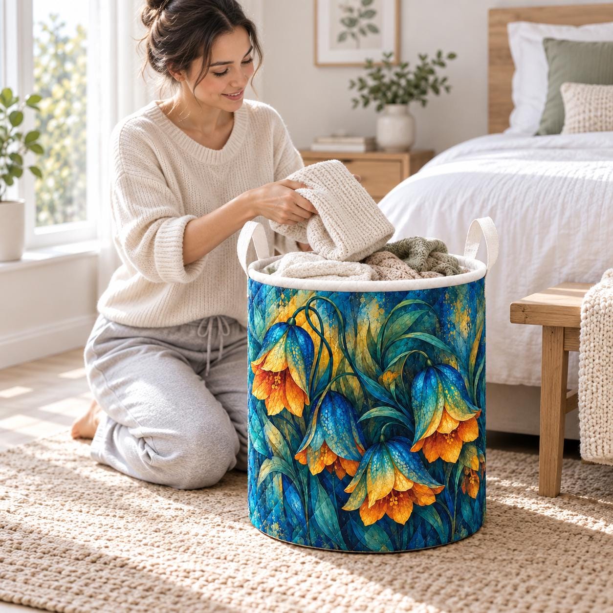 Floral Laundry Basket and Quilt Style Blue Bell Flower Hamper – Botanical Nursery Storage Bin and Cottagecore Organizer Housewarming Gift - photo 5