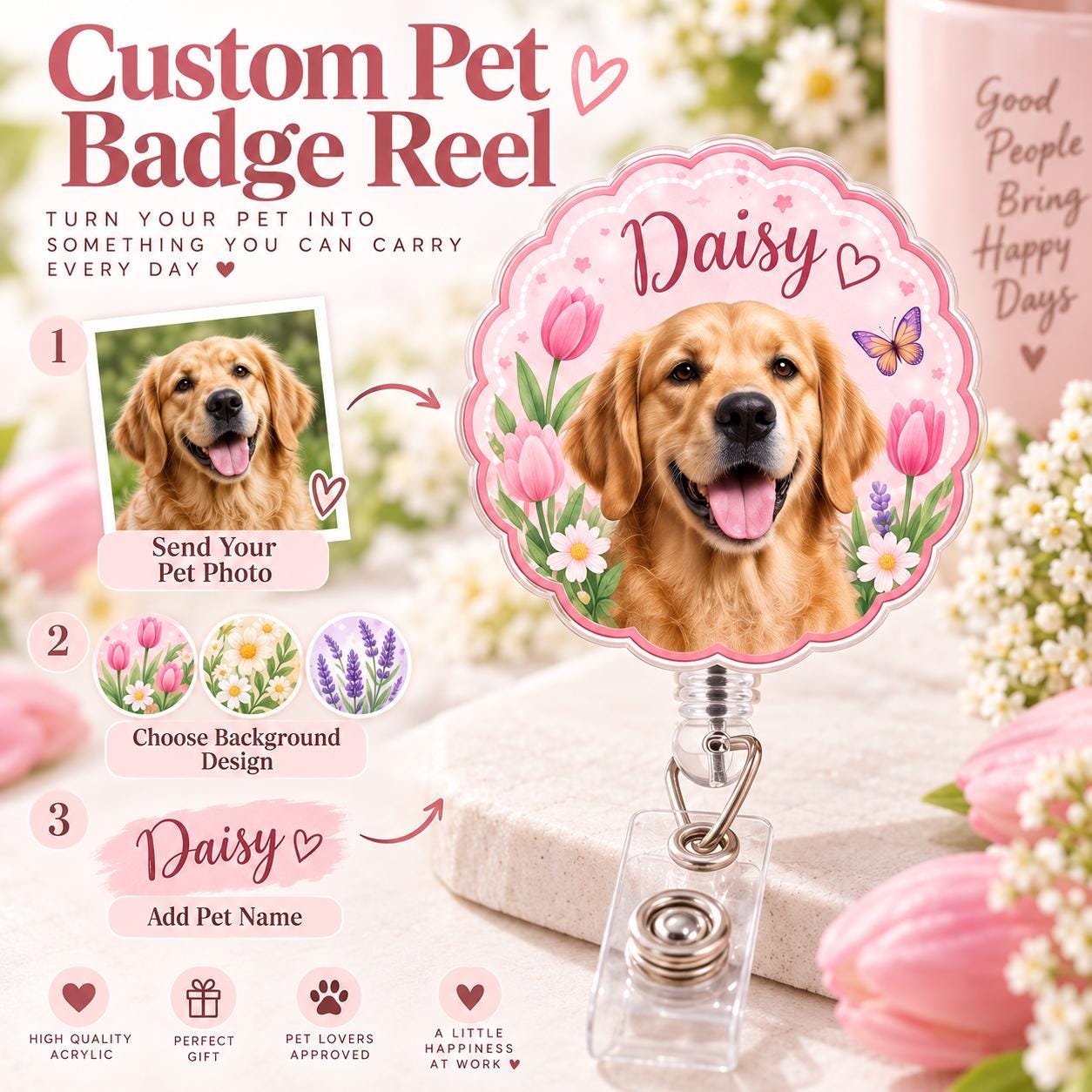 Personalized Pet Badge Reel – Custom Dog and Cat Photo Badge with Floral Pet Name ID Holder and Cute Spring Nurse Teacher Gift