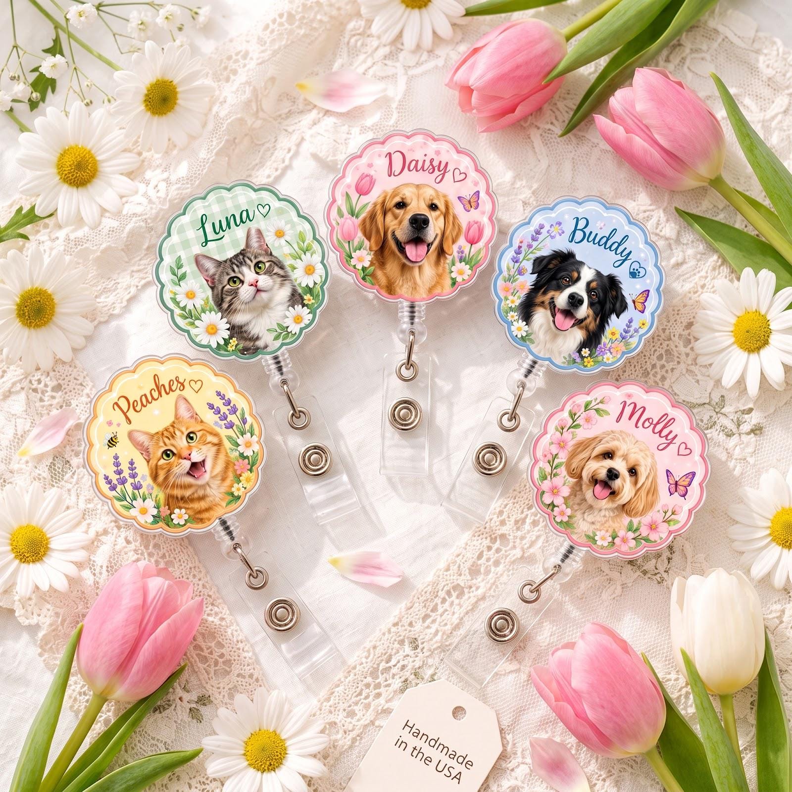 Personalized Pet Badge Reel – Custom Dog and Cat Photo Badge with Floral Pet Name ID Holder and Cute Spring Nurse Teacher Gift - photo 2