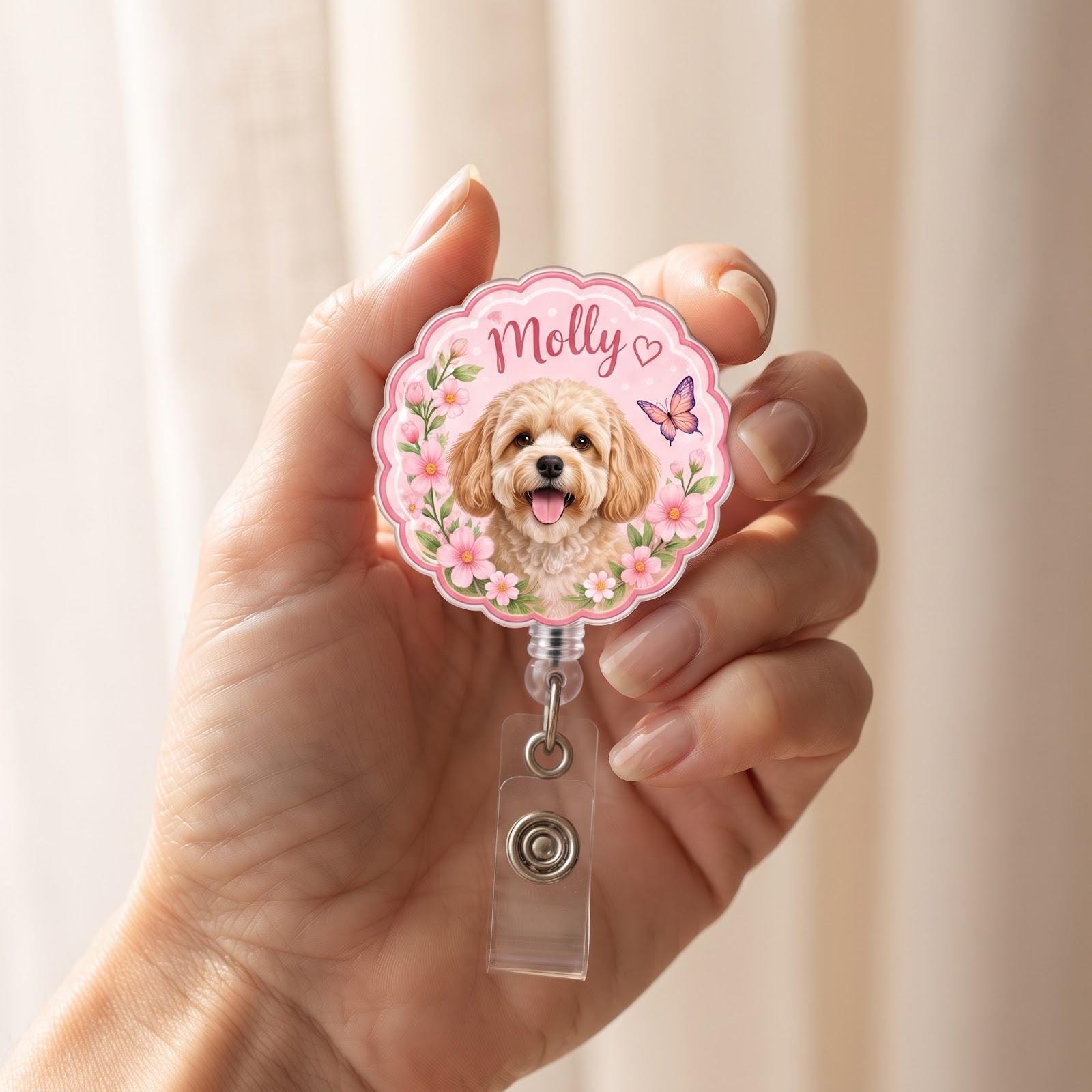 Personalized Pet Badge Reel – Custom Dog and Cat Photo Badge with Floral Pet Name ID Holder and Cute Spring Nurse Teacher Gift - photo 3