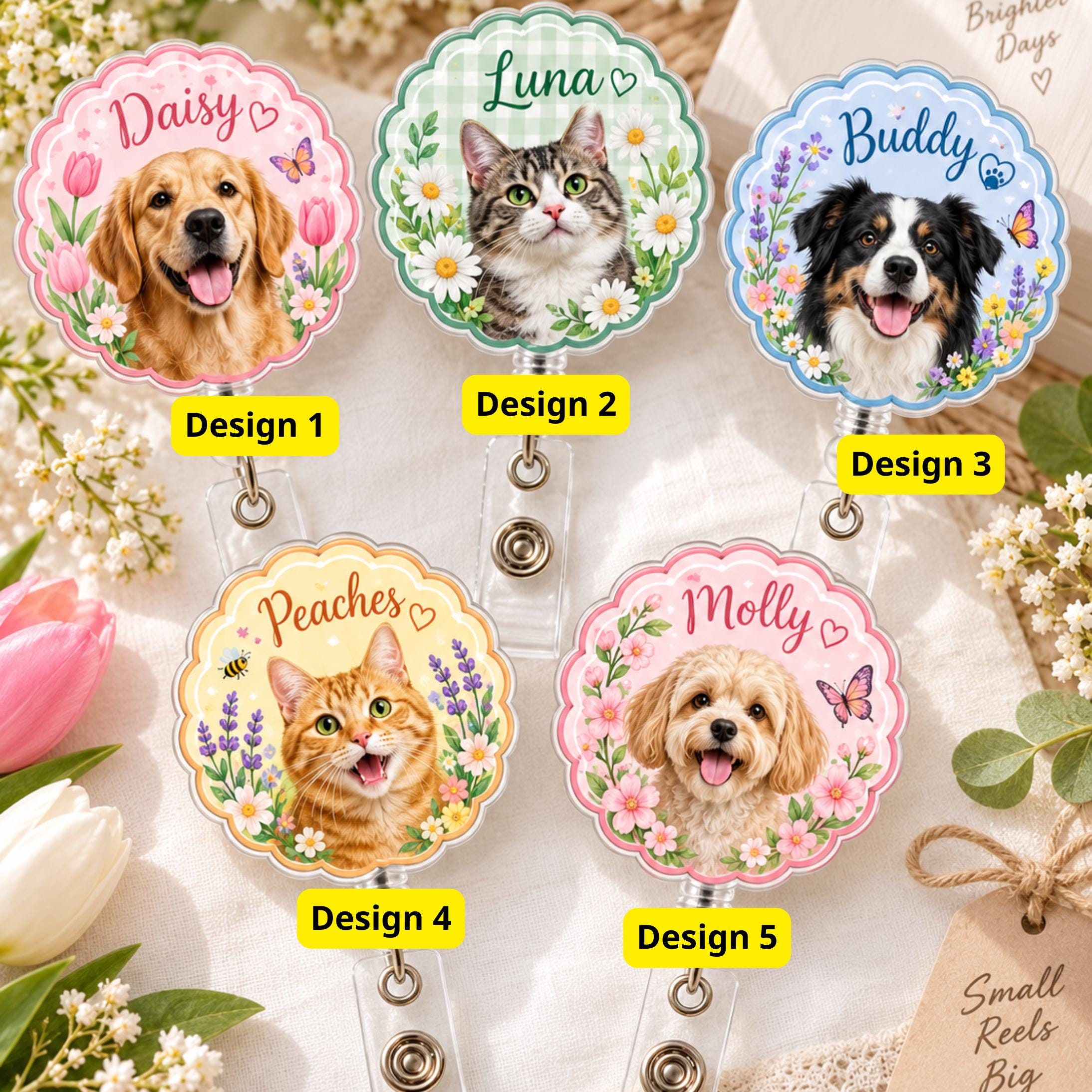 Personalized Pet Badge Reel – Custom Dog and Cat Photo Badge with Floral Pet Name ID Holder and Cute Spring Nurse Teacher Gift - photo 4