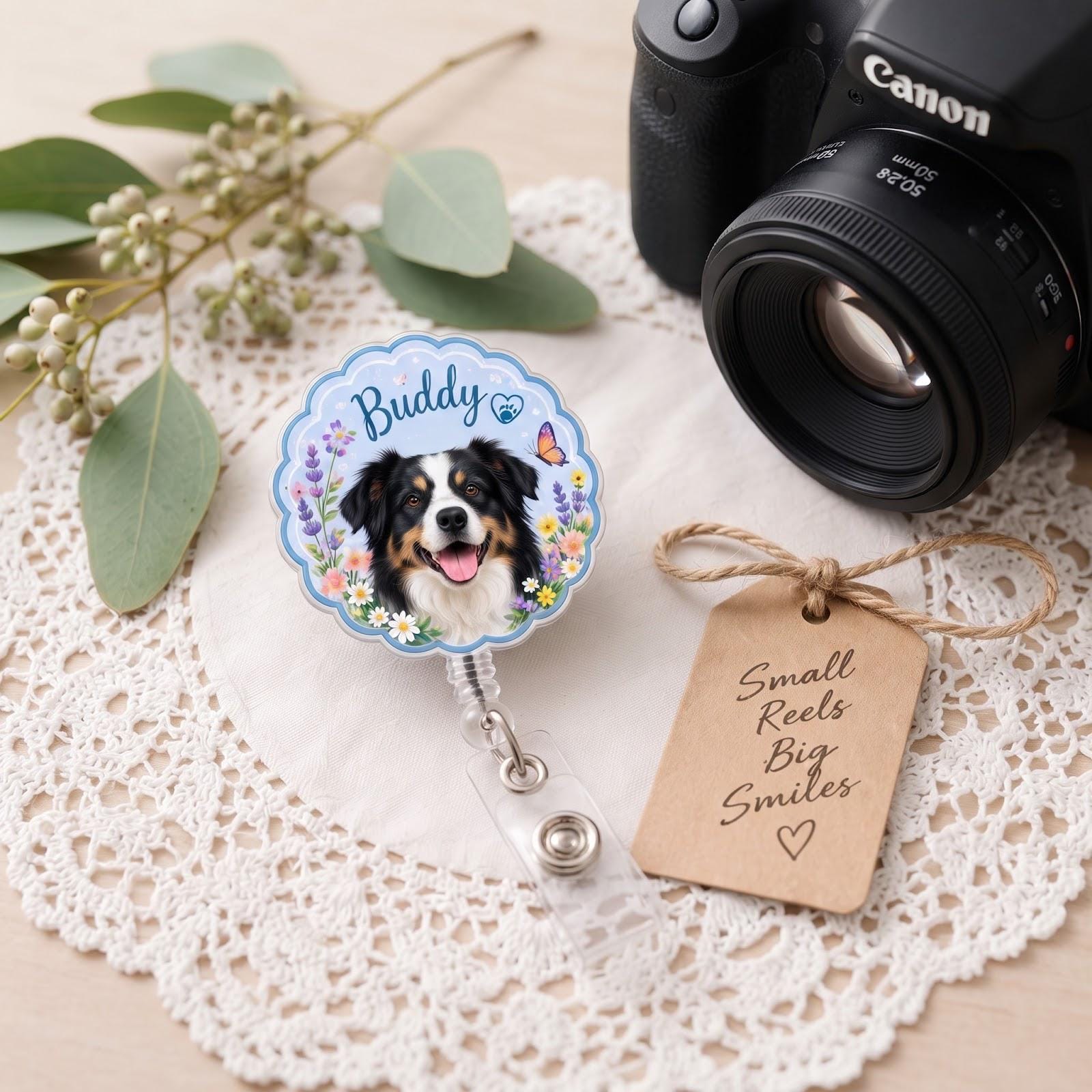 Personalized Pet Badge Reel – Custom Dog and Cat Photo Badge with Floral Pet Name ID Holder and Cute Spring Nurse Teacher Gift - photo 7
