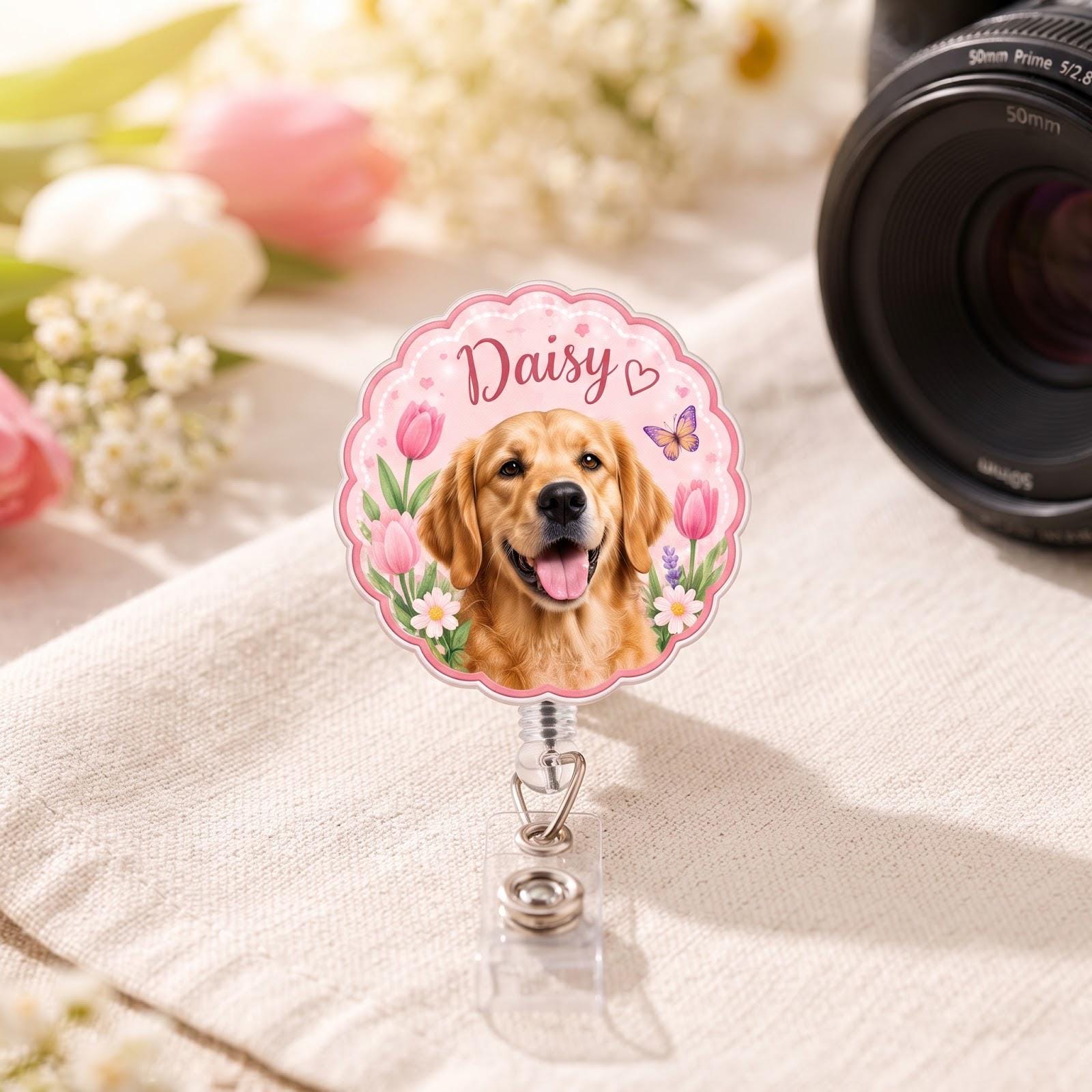 Personalized Pet Badge Reel – Custom Dog and Cat Photo Badge with Floral Pet Name ID Holder and Cute Spring Nurse Teacher Gift - photo 8