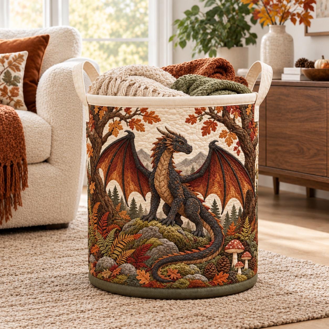 Dragon Laundry Basket and Moon Forest Hamper – Fantasy Nursery Storage Bin and Woodland Dragon Organizer with Lover Gift - photo 2
