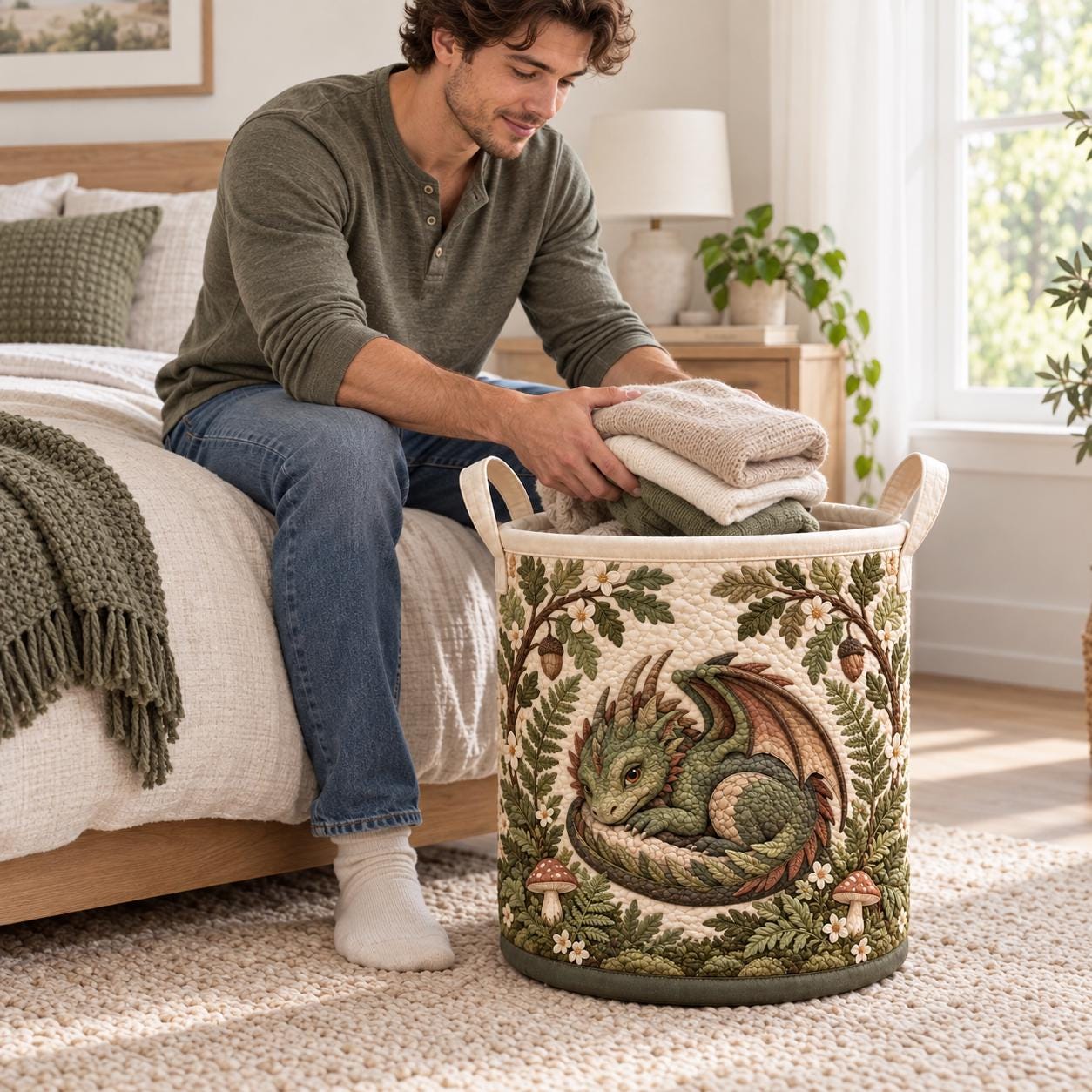 Dragon Laundry Basket and Moon Forest Hamper – Fantasy Nursery Storage Bin and Woodland Dragon Organizer with Lover Gift - photo 6