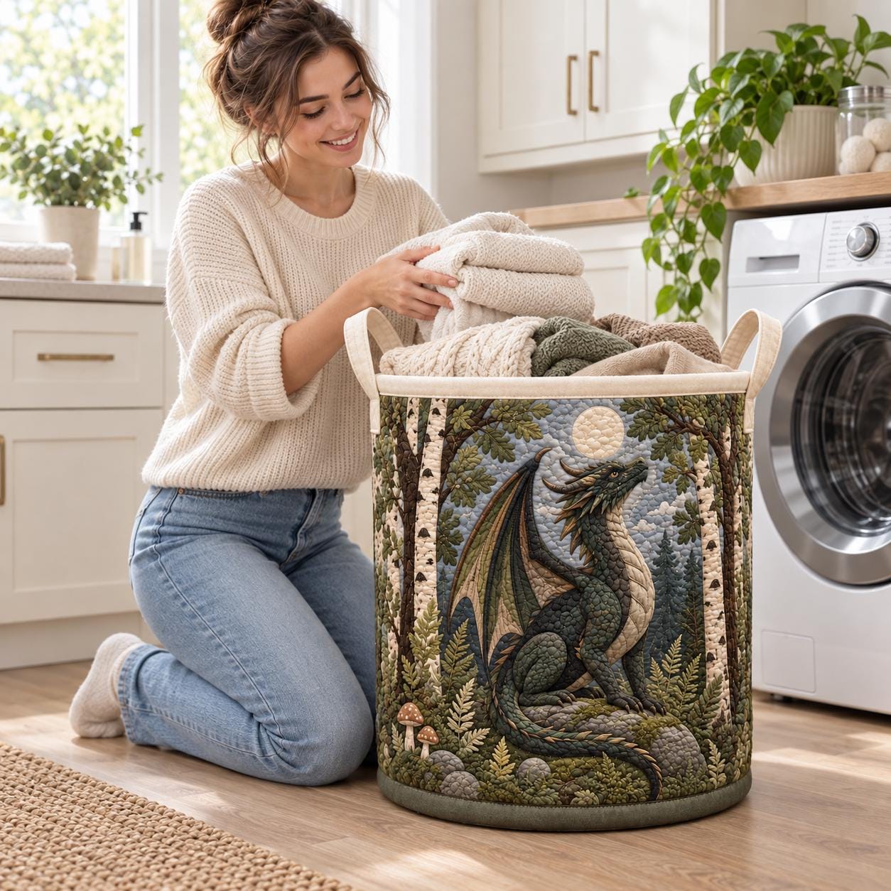 Dragon Laundry Basket and Moon Forest Hamper – Fantasy Nursery Storage Bin and Woodland Dragon Organizer with Lover Gift - photo 7