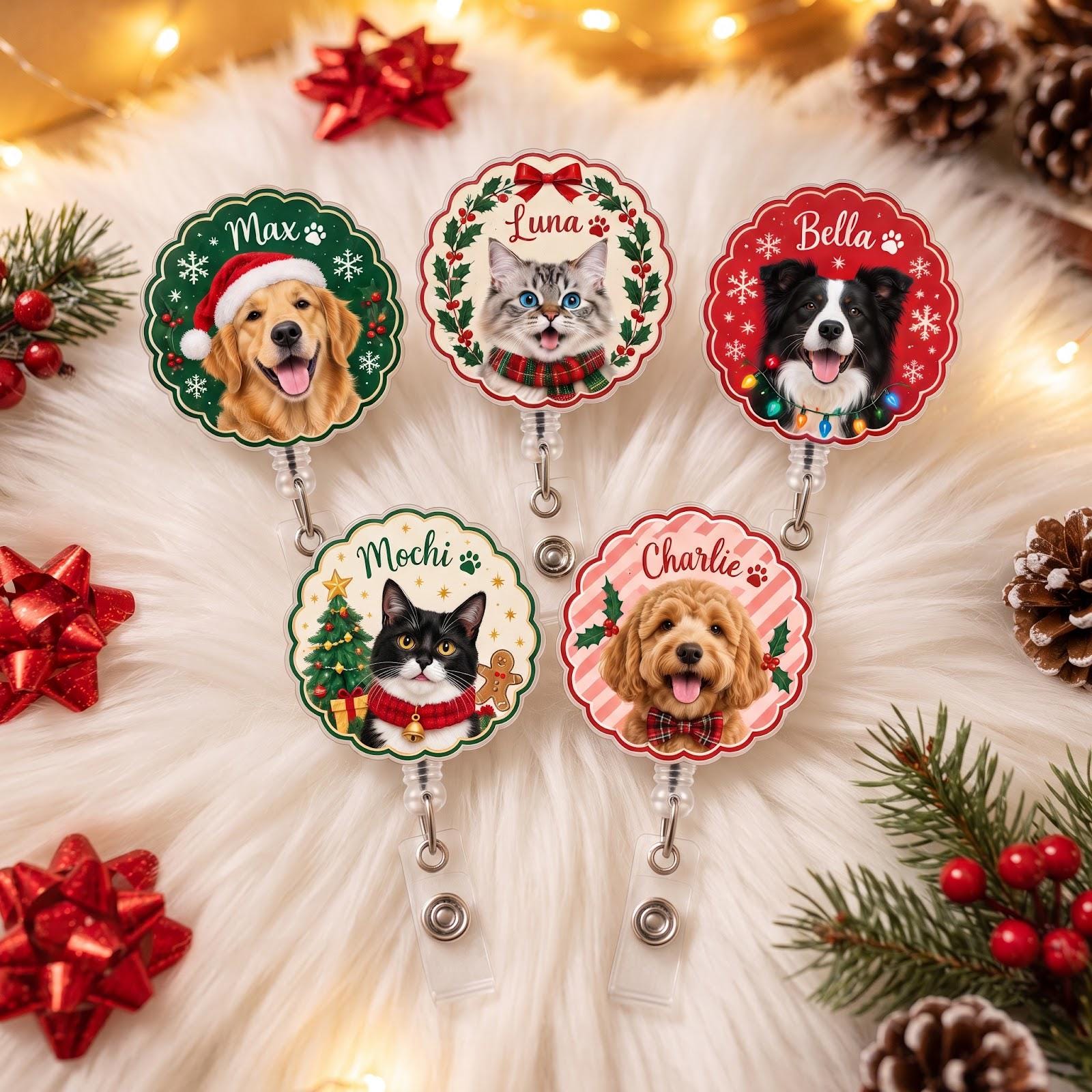Personalized Pet Badge Reel and Custom Pet Photo ID Holder – Christmas Dog Cat Badge Reel for Nurse Holiday Work Gift with Name