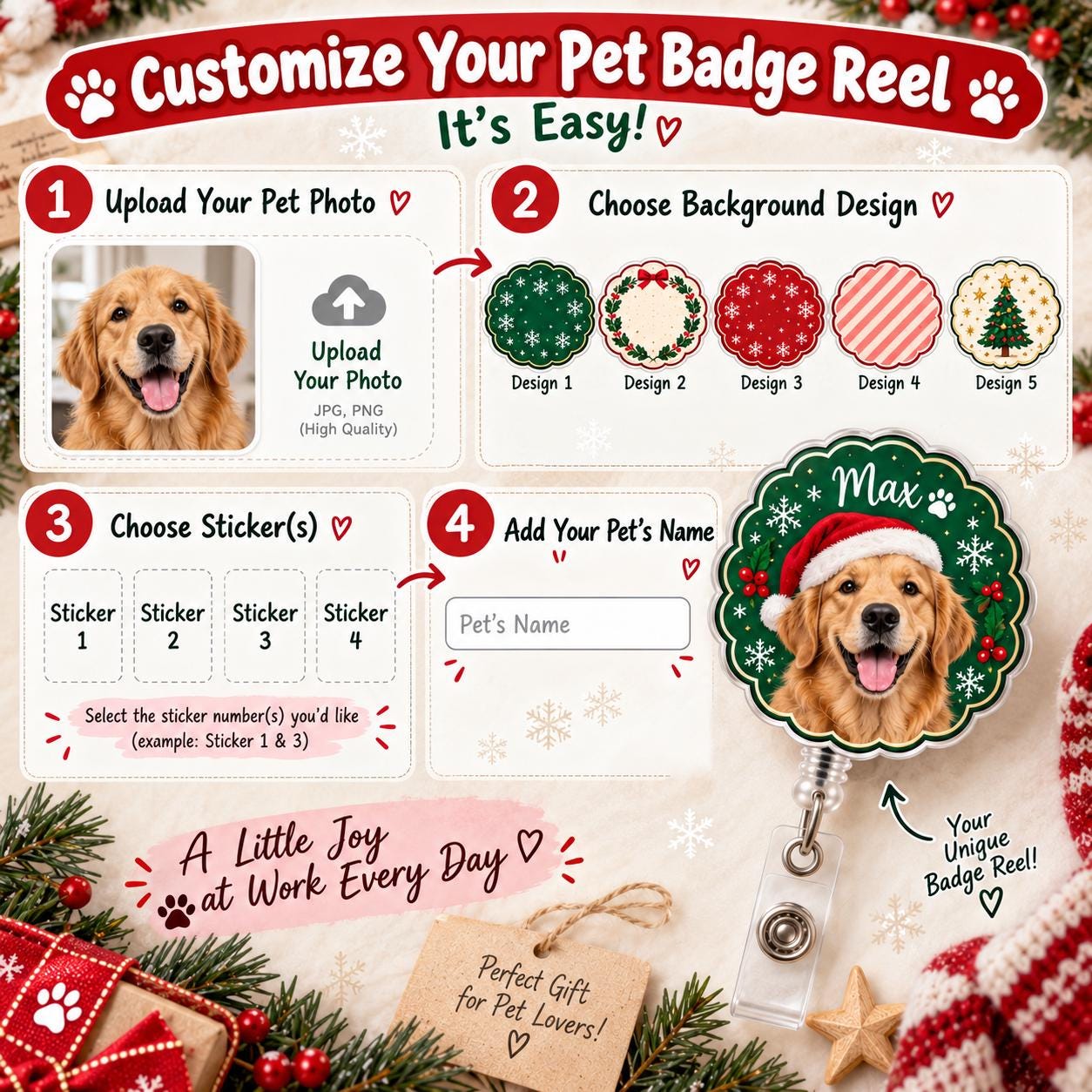 Personalized Pet Badge Reel and Custom Pet Photo ID Holder – Christmas Dog Cat Badge Reel for Nurse Holiday Work Gift with Name - photo 2