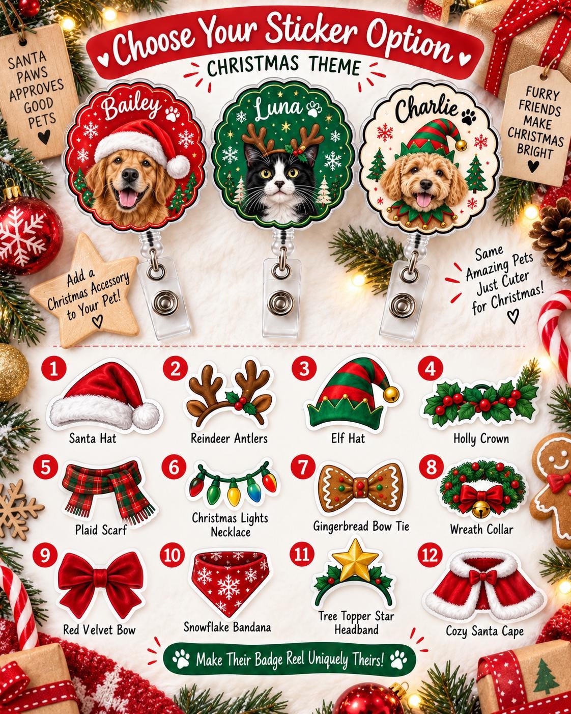 Personalized Pet Badge Reel and Custom Pet Photo ID Holder – Christmas Dog Cat Badge Reel for Nurse Holiday Work Gift with Name - photo 3