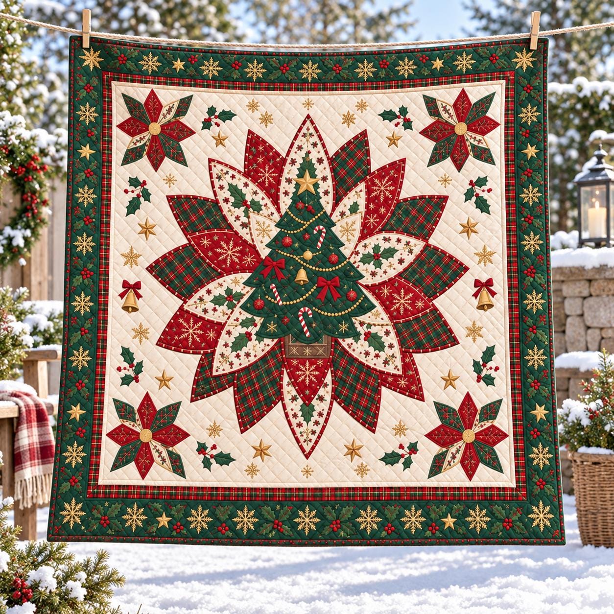 Christmas Tree Quilt Blanket and Poinsettia Patchwork Holiday Throw – Quilted Style Christmas Bedding for Festive Winter Home Decor Gift