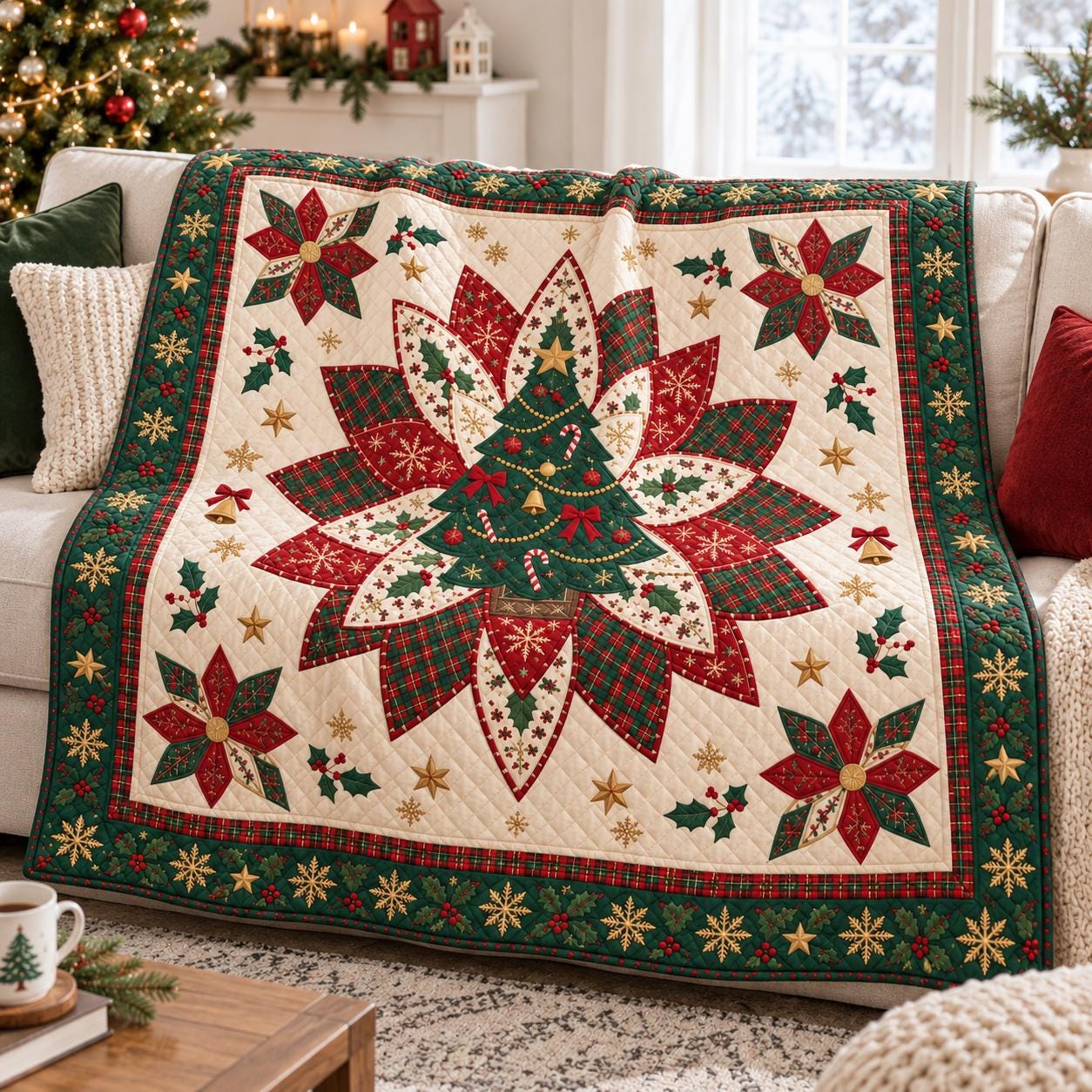 Christmas Tree Quilt Blanket and Poinsettia Patchwork Holiday Throw – Quilted Style Christmas Bedding for Festive Winter Home Decor Gift - photo 2