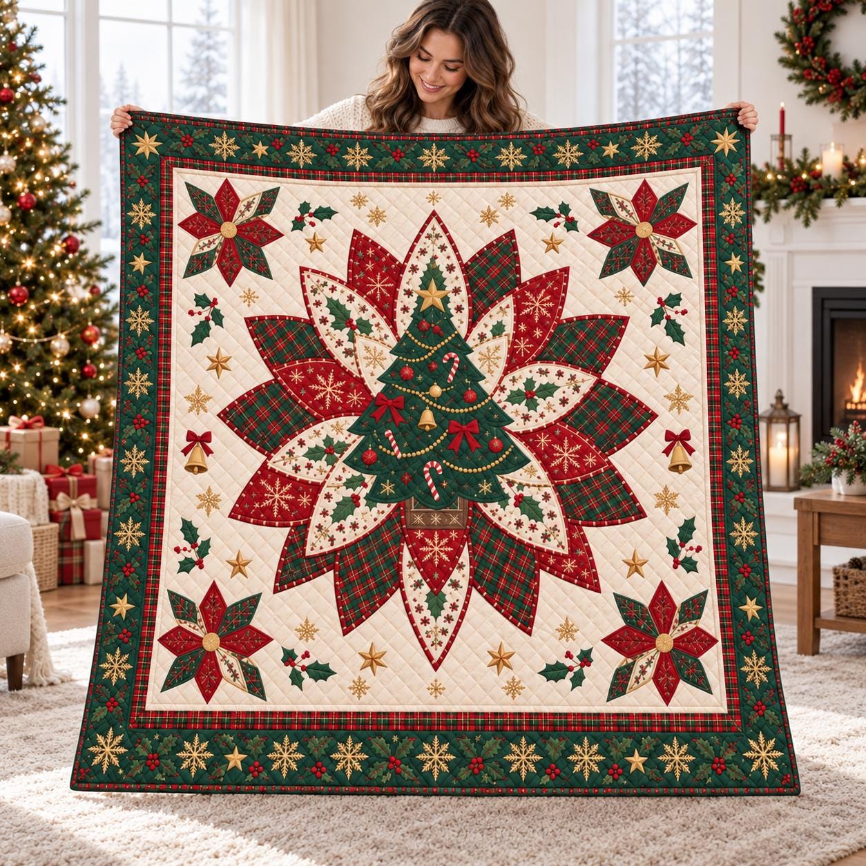 Christmas Tree Quilt Blanket and Poinsettia Patchwork Holiday Throw – Quilted Style Christmas Bedding for Festive Winter Home Decor Gift - photo 3