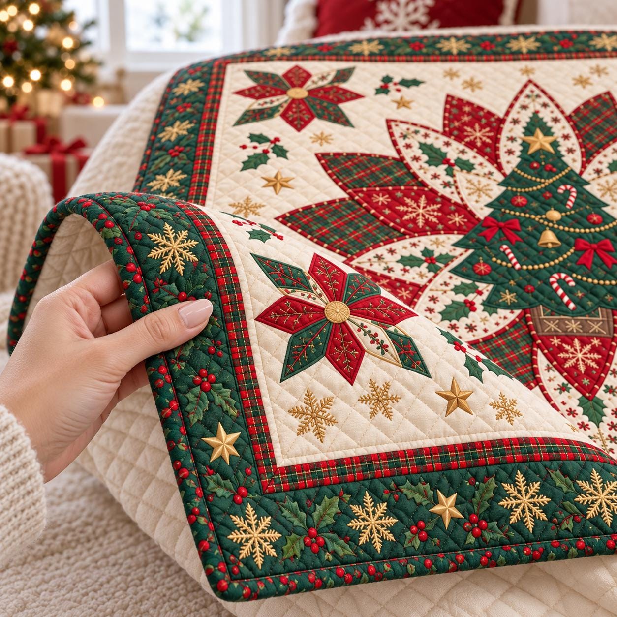 Christmas Tree Quilt Blanket and Poinsettia Patchwork Holiday Throw – Quilted Style Christmas Bedding for Festive Winter Home Decor Gift - photo 6