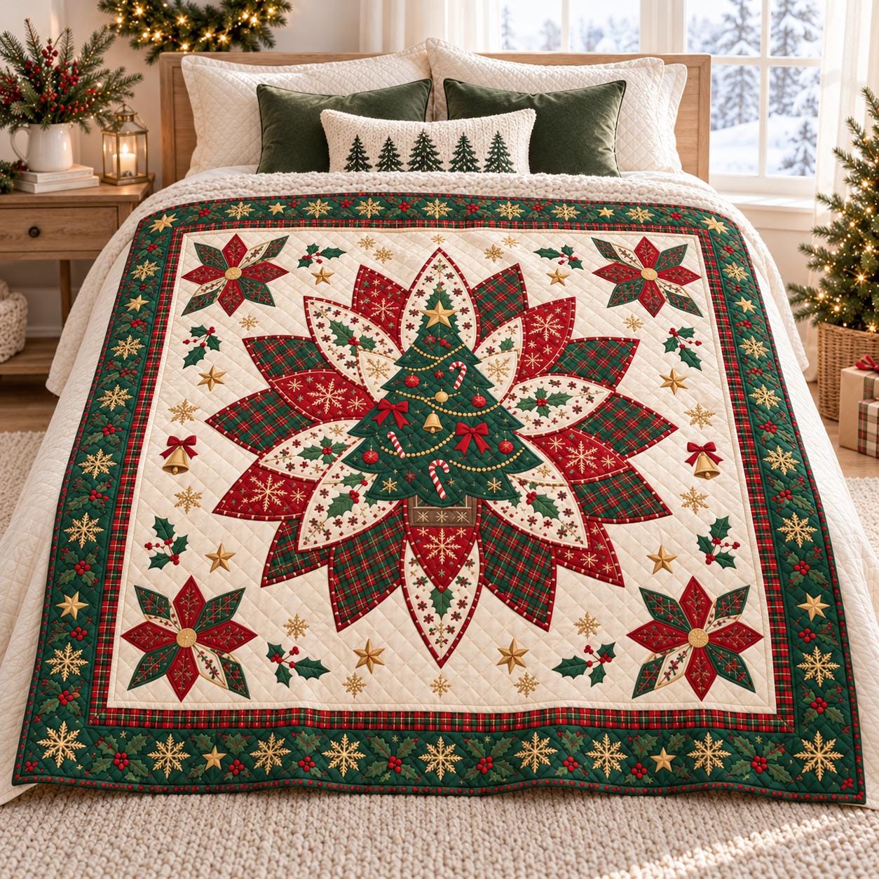 Christmas Tree Quilt Blanket and Poinsettia Patchwork Holiday Throw – Quilted Style Christmas Bedding for Festive Winter Home Decor Gift - photo 7