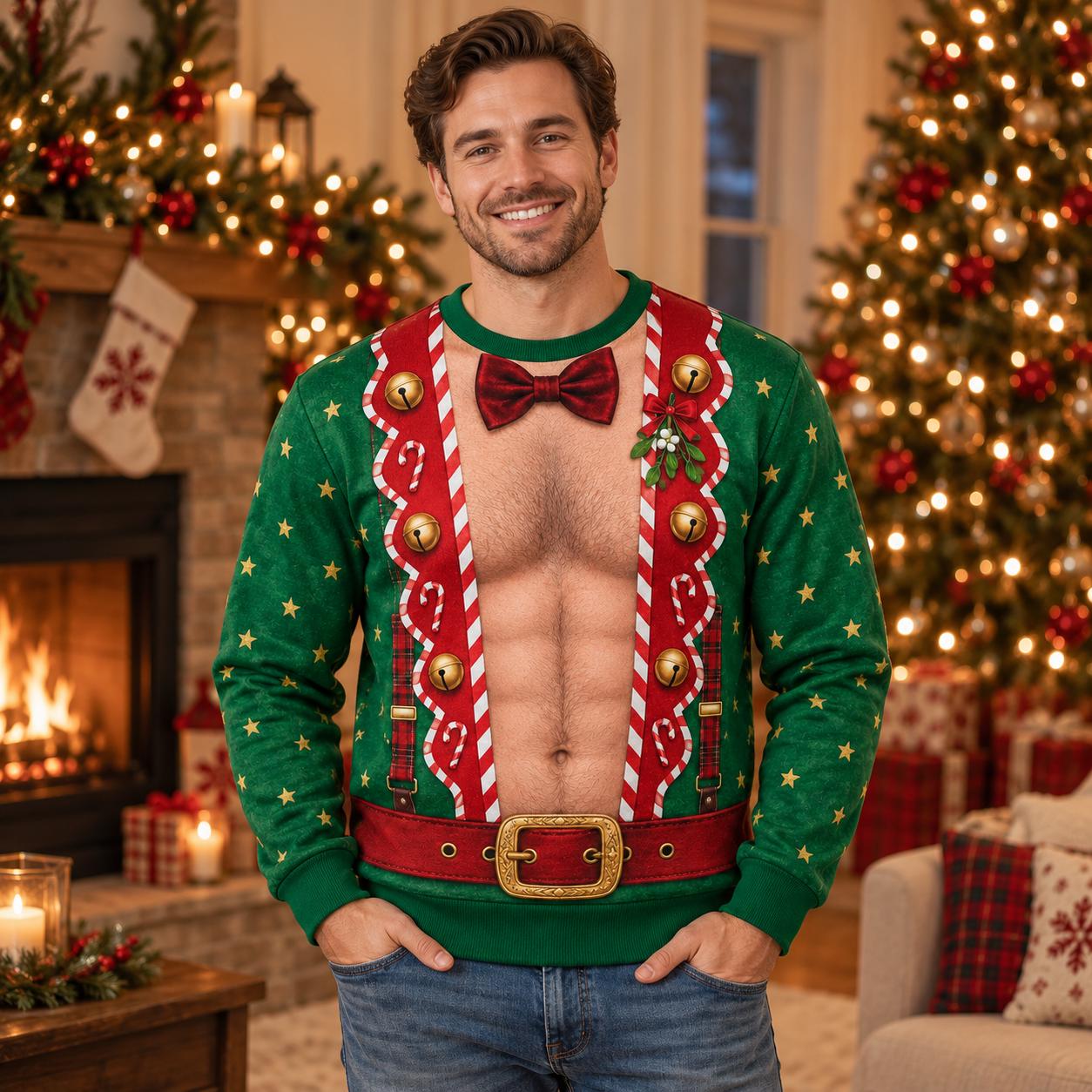 Funny Green Elf Suspenders Sweatshirt for Men – Jingle Holiday Shirt and Christmas Sweater Xmas Party Gift - photo 7