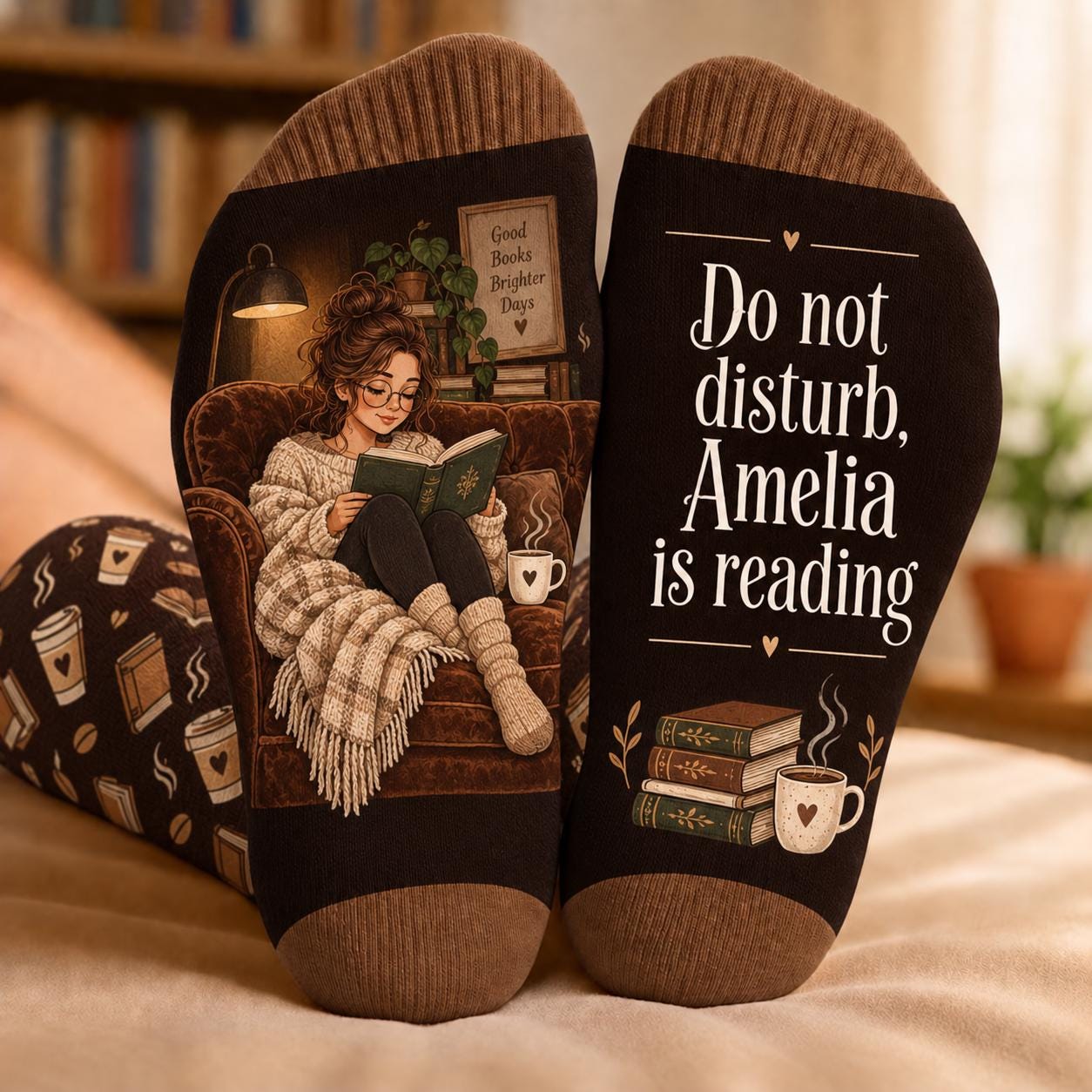 Personalized Book Lover Socks with Name and Coffee Reading Design for Cozy Bookish Reader Gift for Women