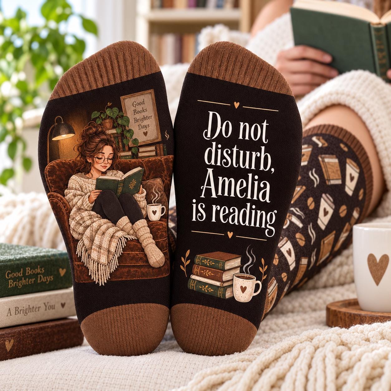 Personalized Book Lover Socks with Name and Coffee Reading Design for Cozy Bookish Reader Gift for Women - photo 2
