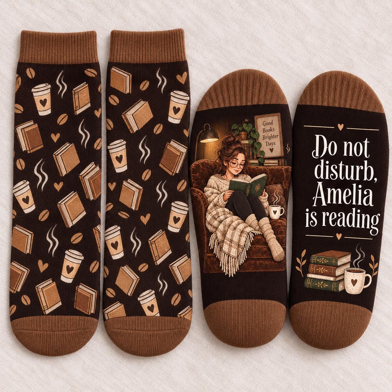 Personalized Book Lover Socks with Name and Coffee Reading Design for Cozy Bookish Reader Gift for Women - photo 3